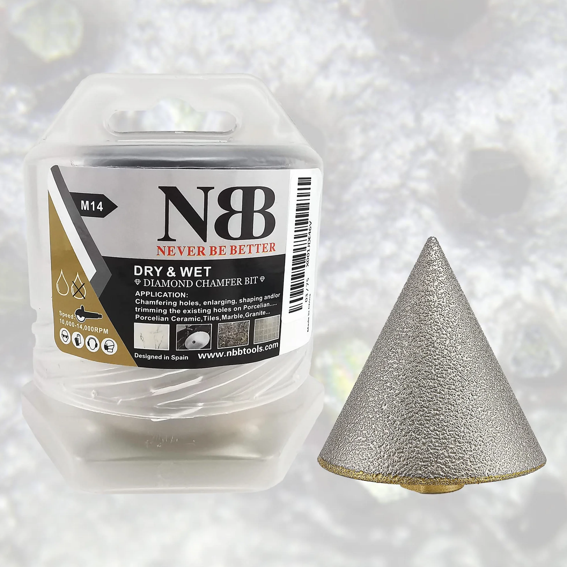 NBB Diamentowy frez z M14 do fazowania na sucho lub na mokro profesjonalnie z porcelany, ceramiki, płytek granitowych, marmuru, do otworów na dzień.3-38 mm, do szlifierki kątowej (1, CB75 3-75mm)