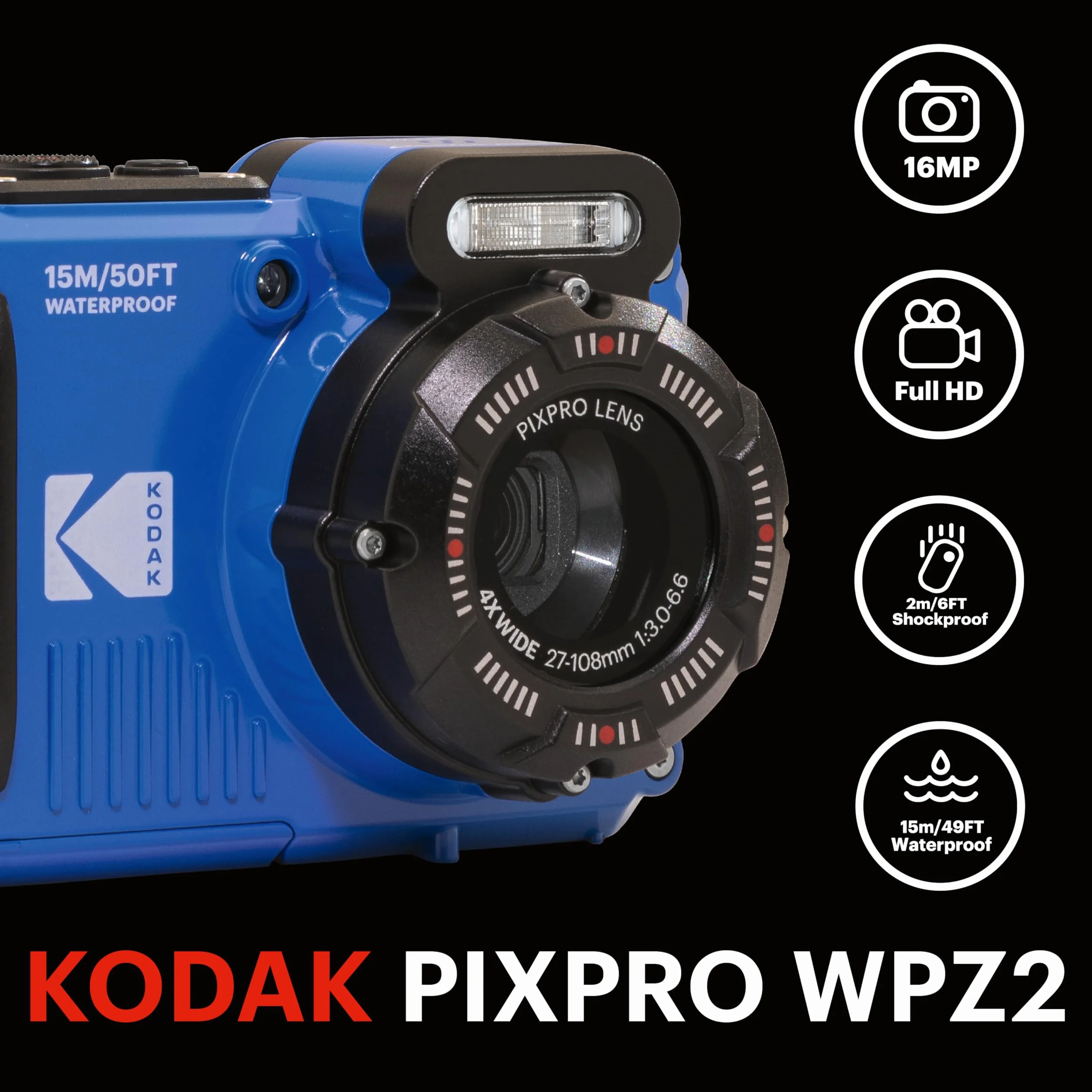 KODAK PIXPRO WPZ2 16 MP 4-krotny kompaktowy aparat z zoomem - niebieski, sam aparat