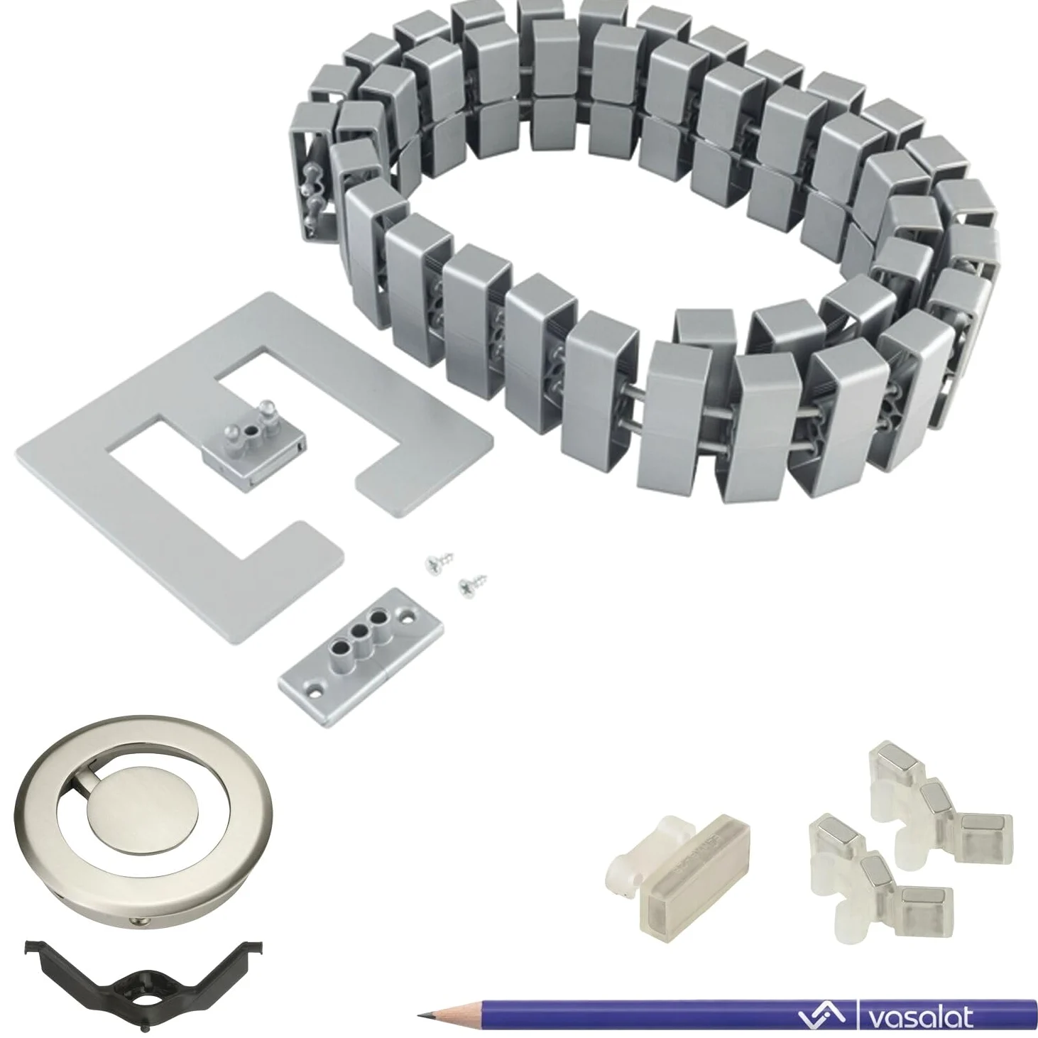 vasalat Prowadnica kablowa na biurko, kompletny zestaw Cube z otworem na kable o średnicy 90 mm + magnetyczny kanał kablowy + klipsy mocujące + magnesy długość 1250 mm, kolor aluminium