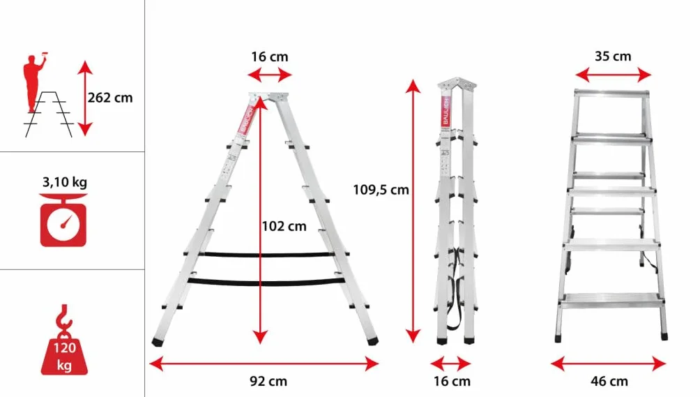 Drabina aluminiowa - Drabina 5-stopniowa - Drabina domowa - Dwustronna do domu, warsztatu i ogrodu – Wodoodporna, stabilna, antypoślizgowe nóżki – Nośność 120 kg,