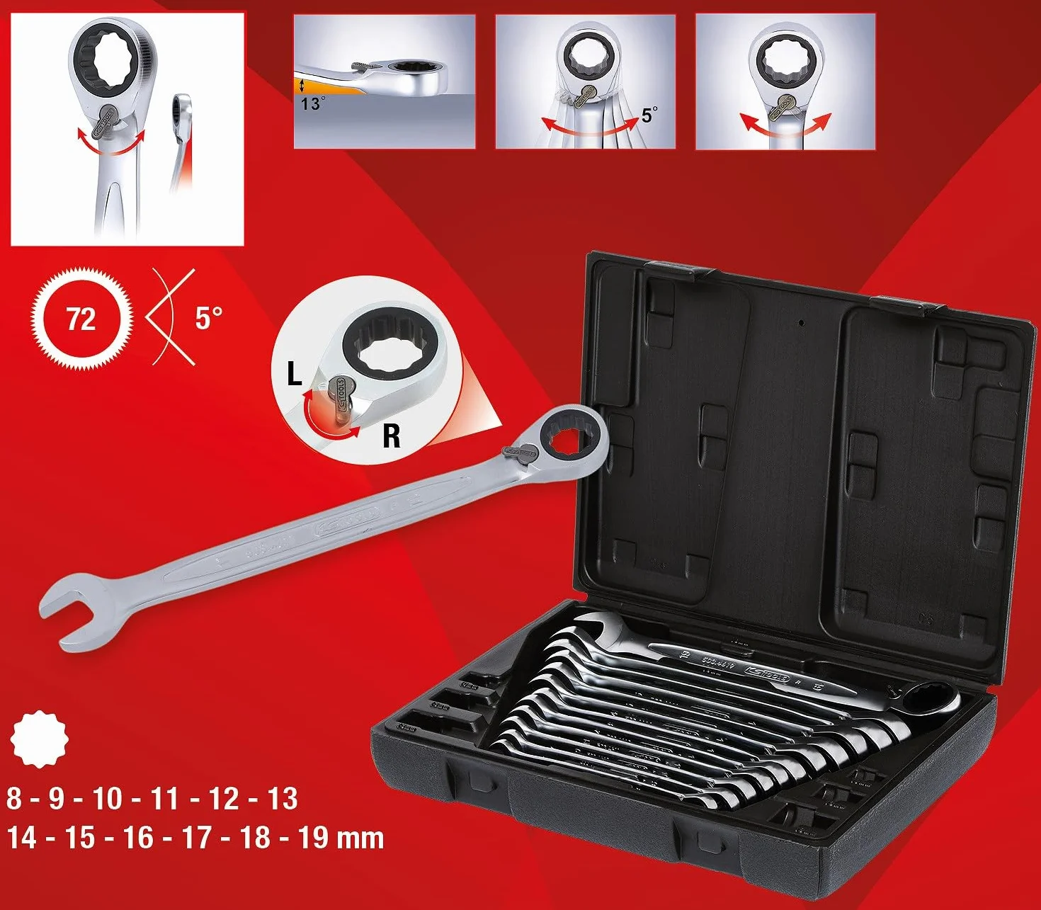 KS Tools 503.4665 GEAR+Zest kluczy plasko-oczk z grzechot. przelaczalnych, 12-szt, na zawieszkach