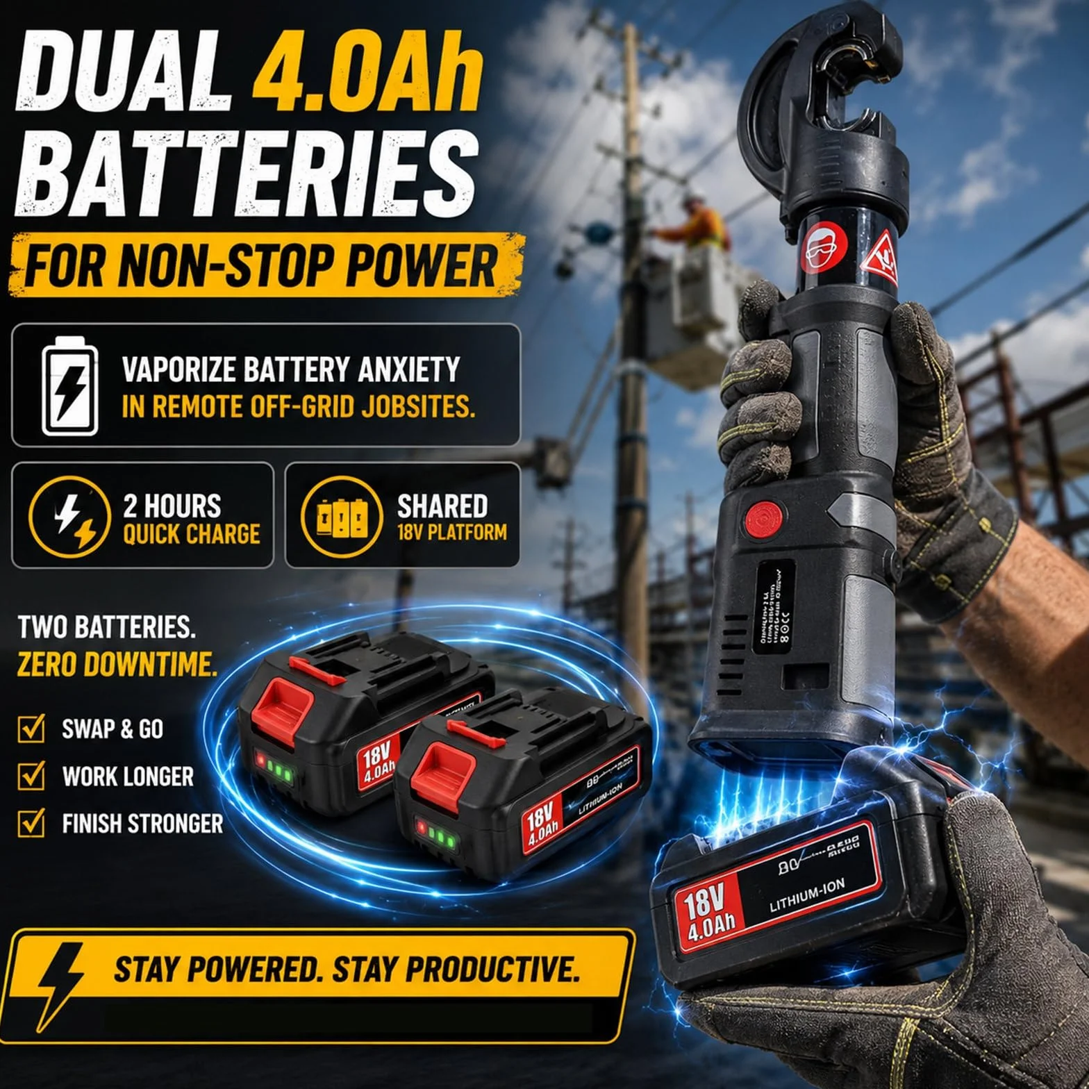 Praska Hydrauliczna do Rur na Akumulator 12T, Elektryczna Zaciskarka 18V Kabli 16-400mm², Zaciskarka PEX z Cyfrowym Wyświetlaczem LED i Podwójnym Zasilaniem Akumulatora