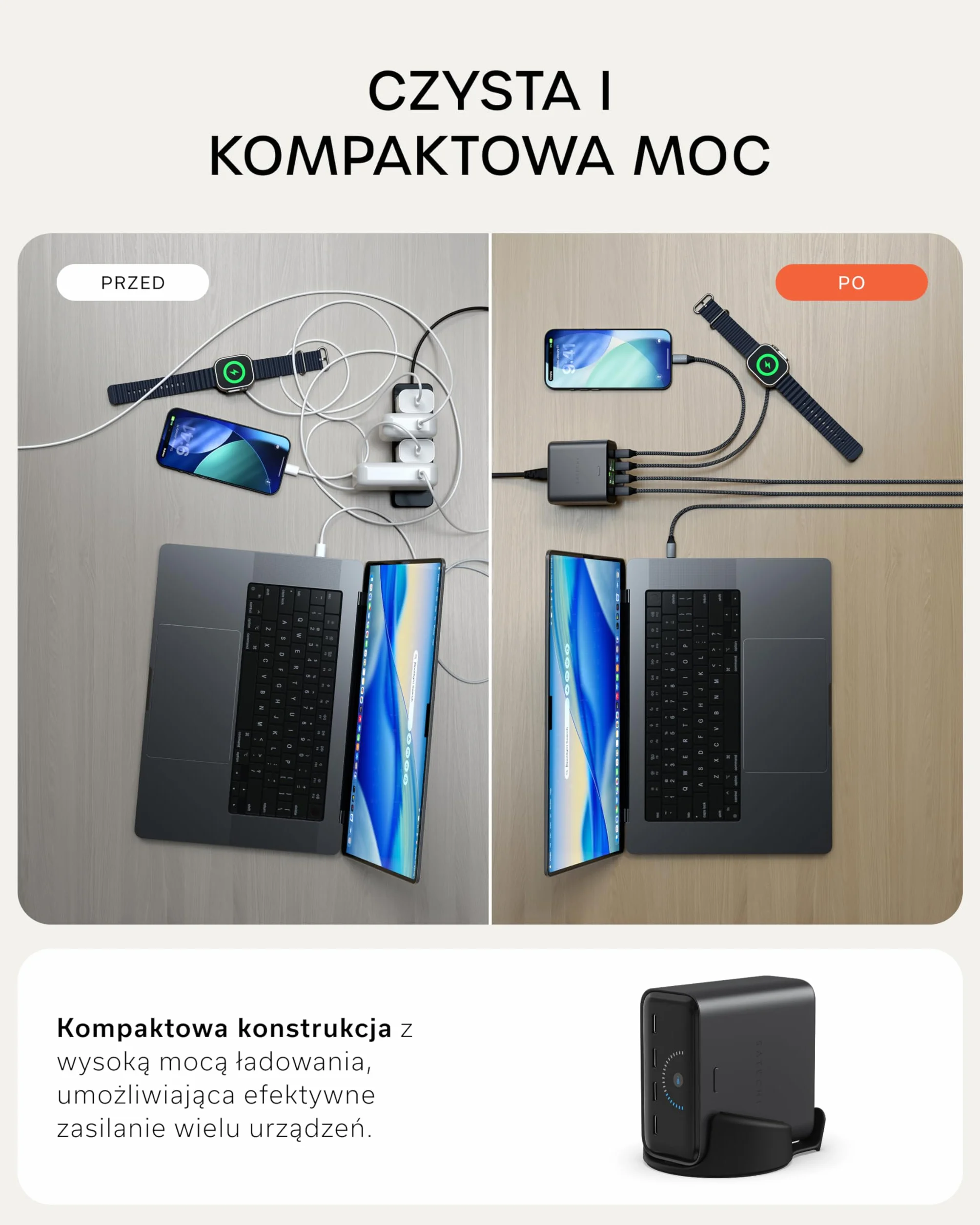 SATECHI ChargeView Ładowarka Biurkowa 140W Stacja Ładowania GaN z Wyświetlaczem Mocy Cztery Porty USB-C Kosmiczna Czerń
