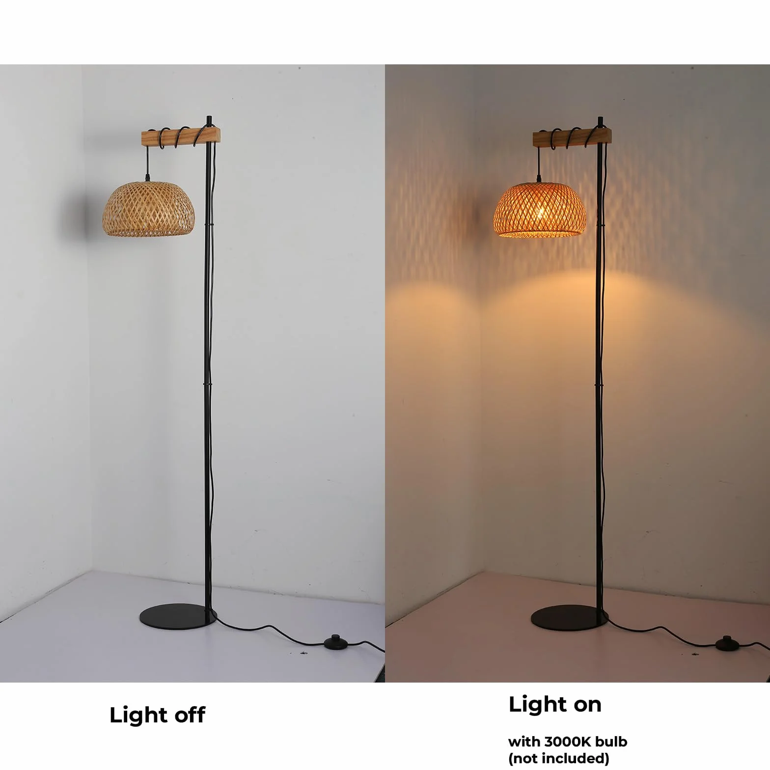 Alpinaluz Ręcznie wykonana lampa podłogowa z naturalnego wiklinowego klosza - czarna i drewniana rama, ultracienka podstawa, przełącznik nożny - nowoczesny styl Boho, wysokość 157 cm, E27