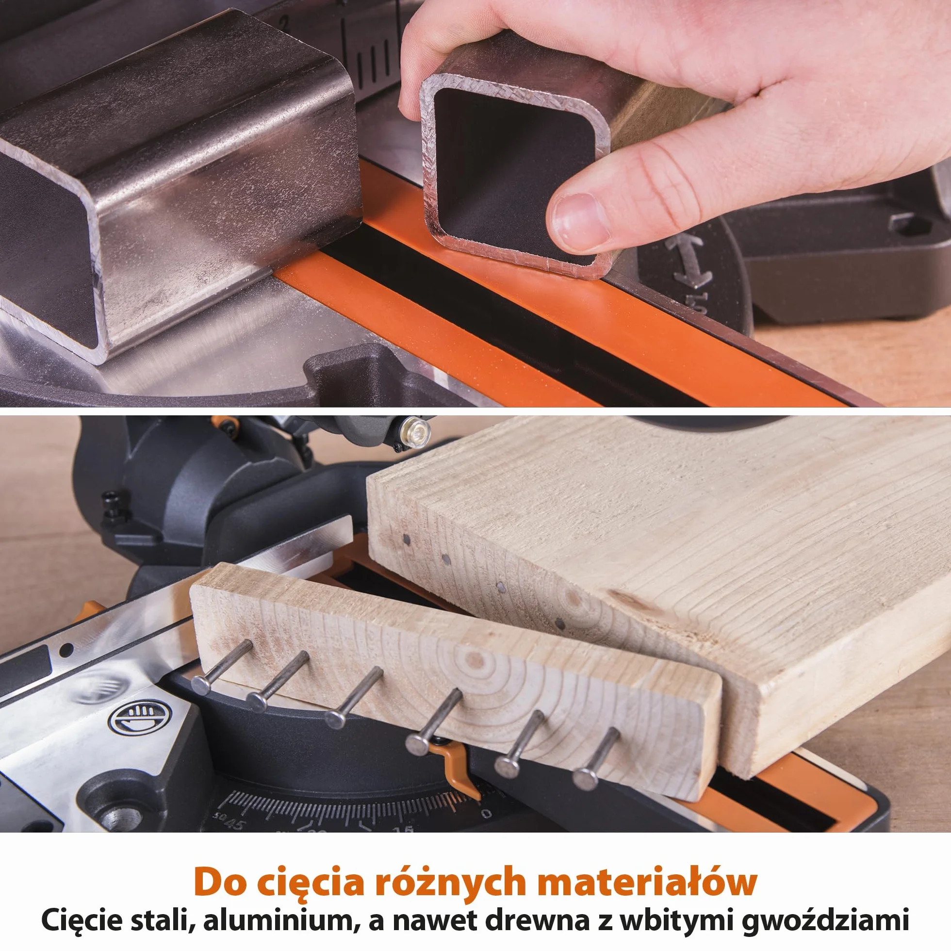 Evolution Power Tools Przesuwna ukośnica do cięć złożonych Plus R210SMS+ – w zestawie tarcza do różnych materiałów, tnie drewno, metal, plastik i inne, cięcie z nachyleniem i ukośne, 210 mm (230 V)