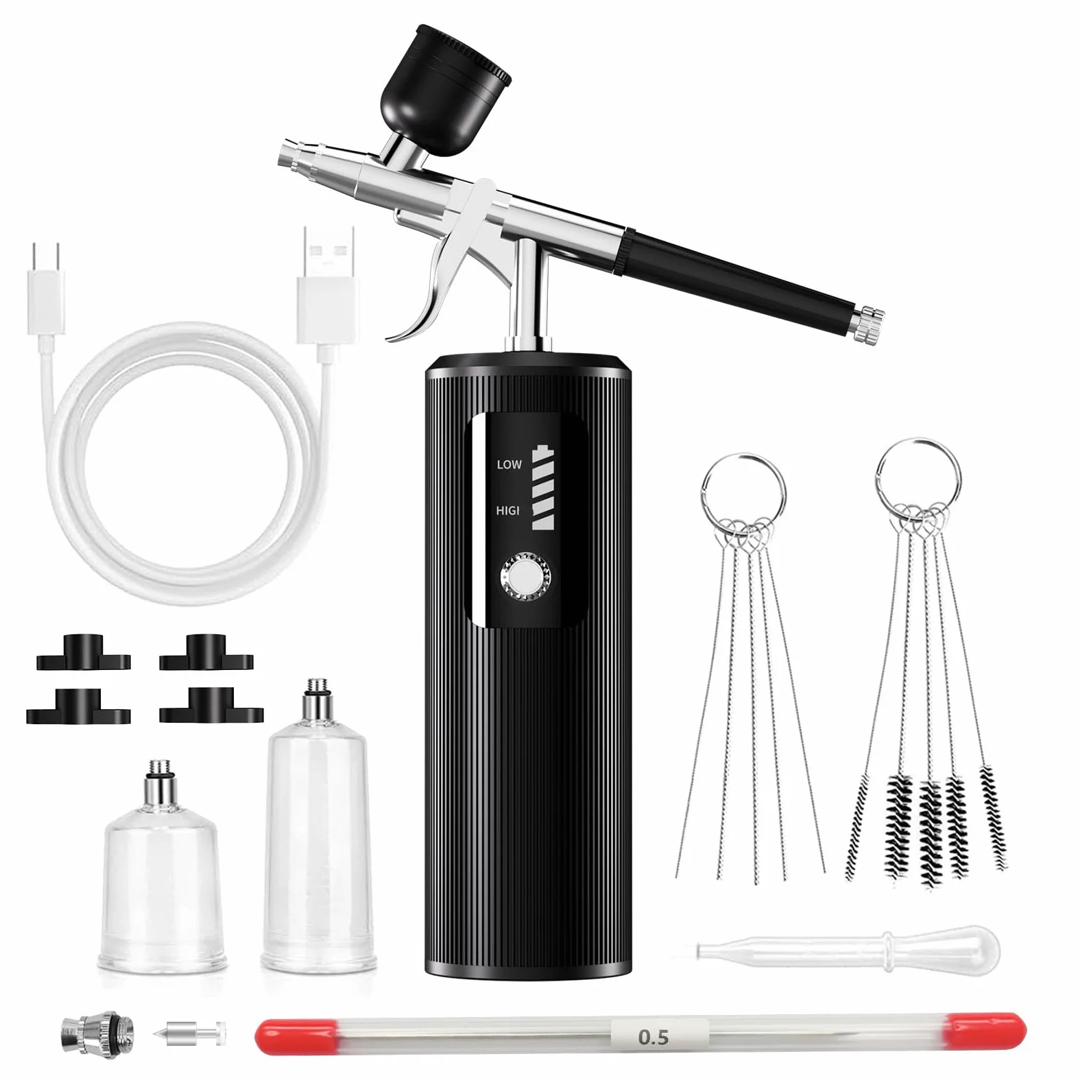 Pistolet natryskowy, niezatykający się, zestaw pędzli powietrznych z dyszą 0,3 mm i 0,5 mm, wbudowany przełącznik ciśnienia powietrza, 2 tryby pracy do makijażu, zdobienia paznokci, dekoracji ciast
