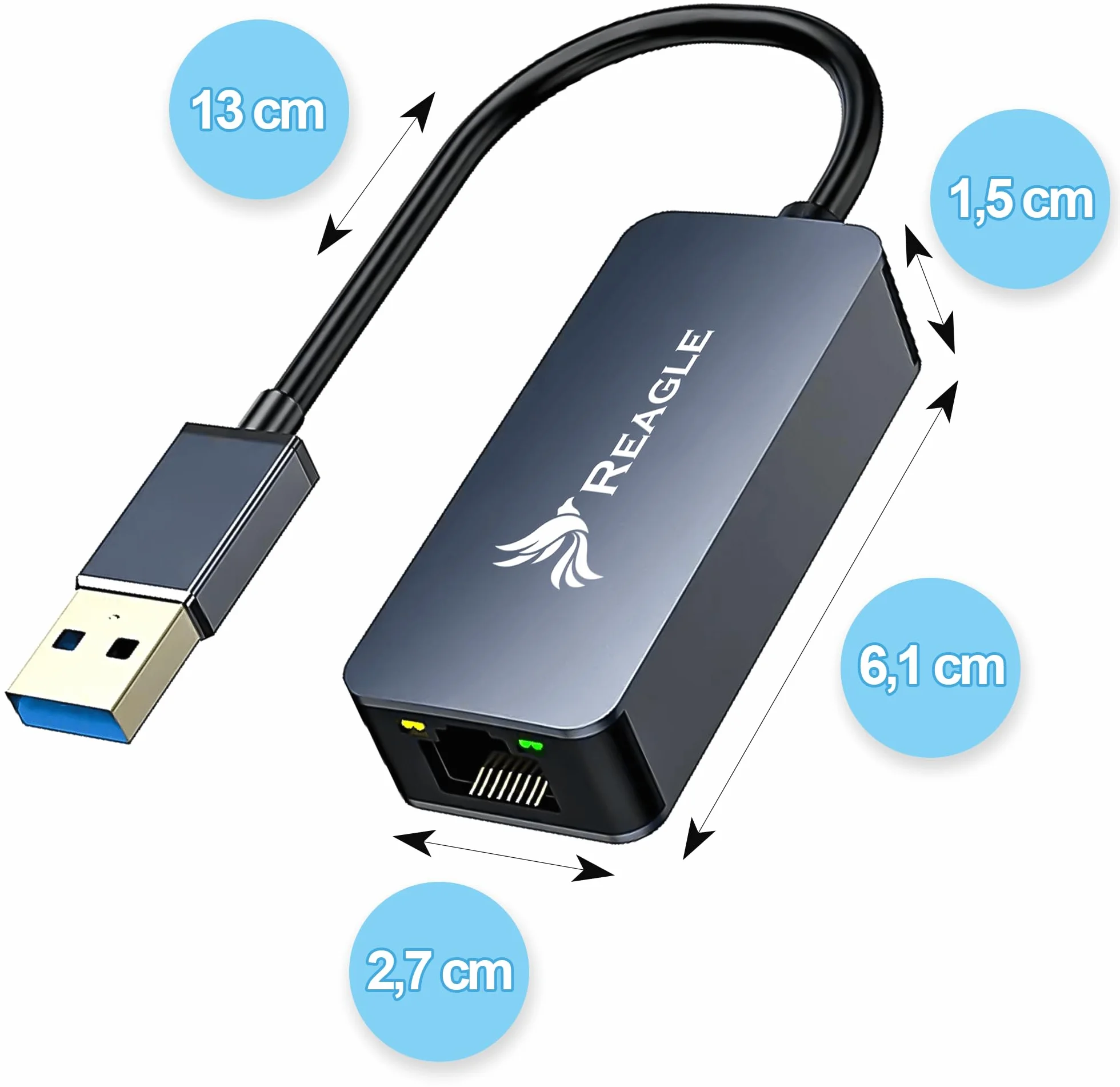 Reagle Adapter Ethernet USB A na RJ45 2,5G 2500 Mbps Karta Sieciowa LAN USB 3.2 Gen 1 Aluminiowa Obudowa