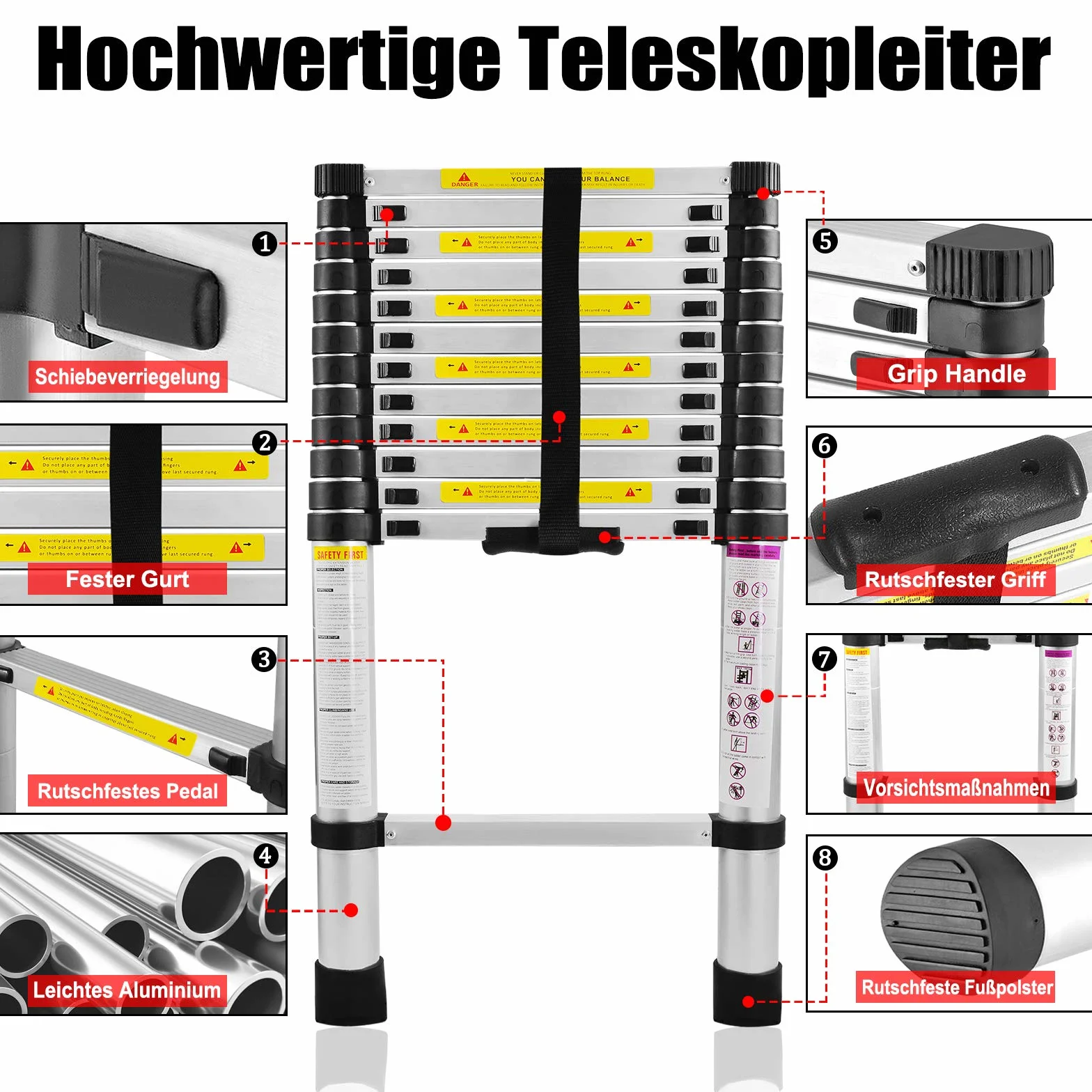 FIVMEN Drabina teleskopowa 3,2 m, wysuwana, aluminiowa, z 11 szczeblami, drabina aluminiowa, wysuwana, do strychów, magazynu, nośność 150 kg, srebrna