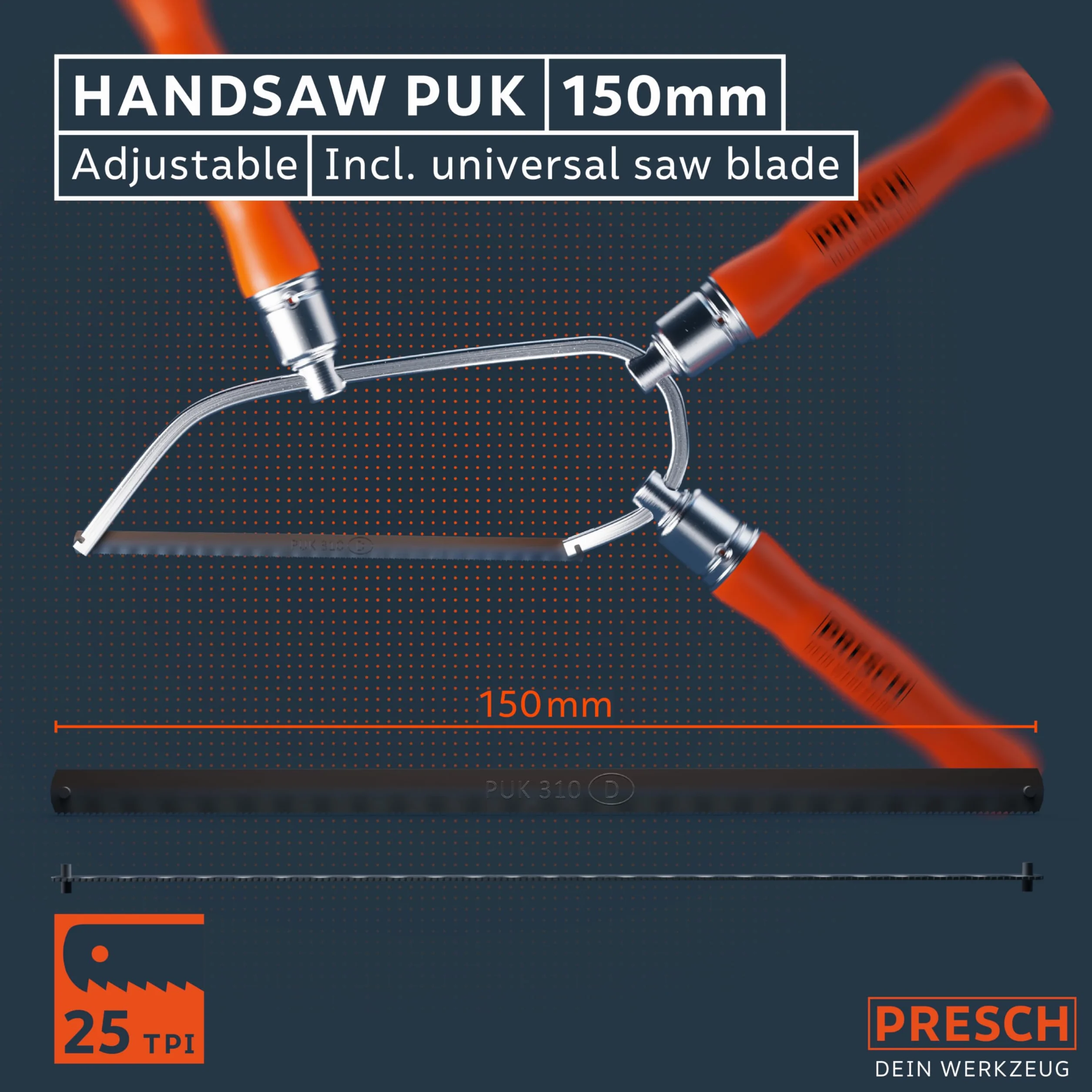 Presch Piła do metalu Junior składana 150 mm z uniwersalnym brzeszczotem - Piła ręczna 150 mm z regulowanym uchwytem - Do metalu nieżelaznego, plastiku, aluminium, wszystkich rodzajów drewna