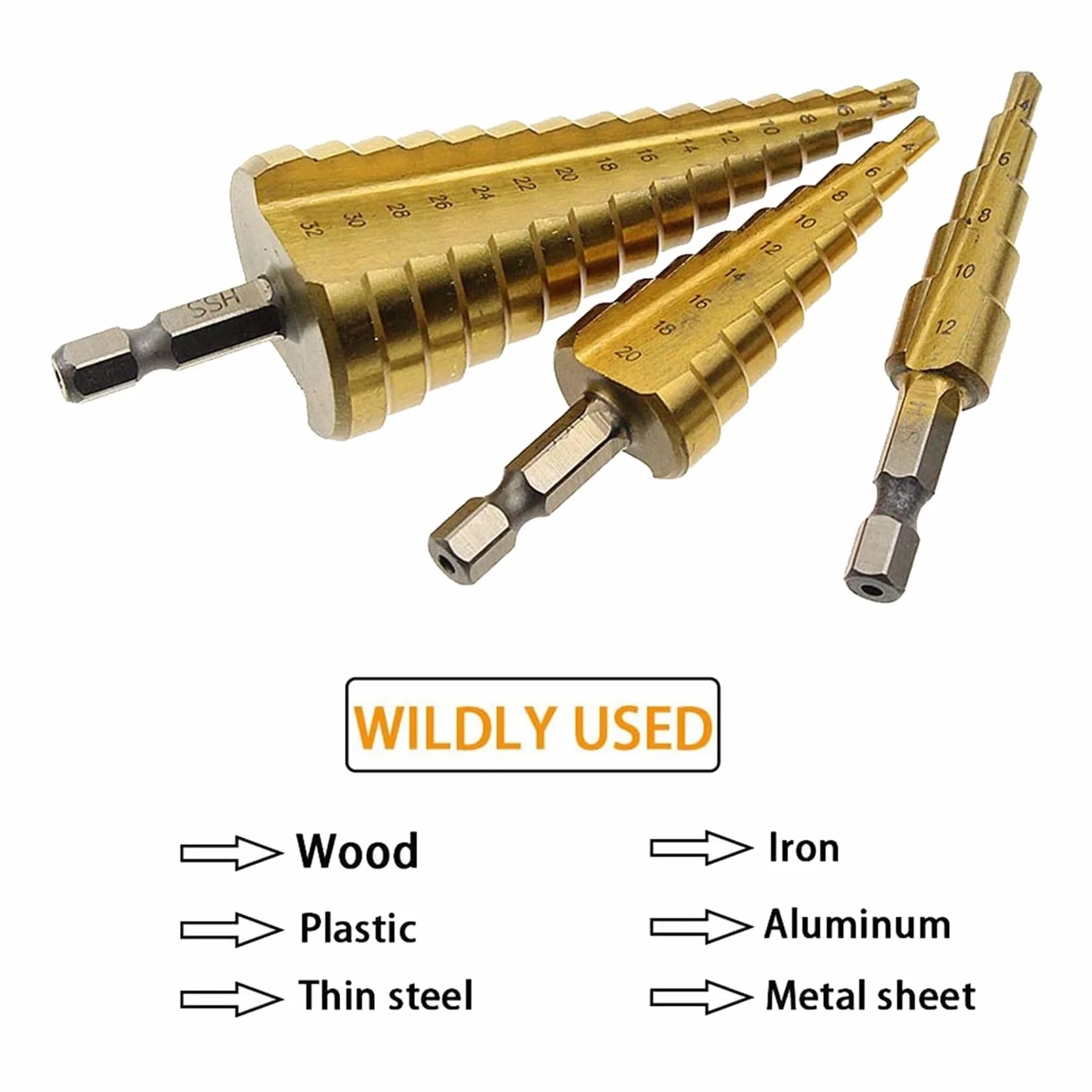 Zestaw Wierteł Stopniowych HSS 30, 4-12mm 4-20mm 4-32mm Stożek z Drewna Tytanowego do Metalu Wycinak do Otworów z Chwytem SześciokąTnym Narzędzie do Szybkiej Wymiany