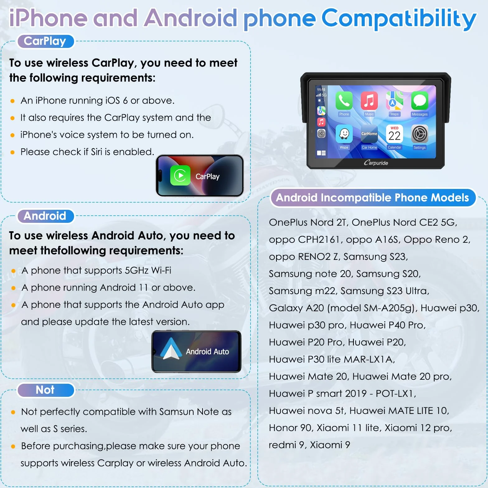 Carpuride W502PRO B do motocykli B.-M-.W CarPlay i Android Auto i podwójny Bluetooth, nawigacja étanche 5 pouces pour Moto, część muzyczna, interkom, korektor, uchwyt światła, kurtyna, barometr