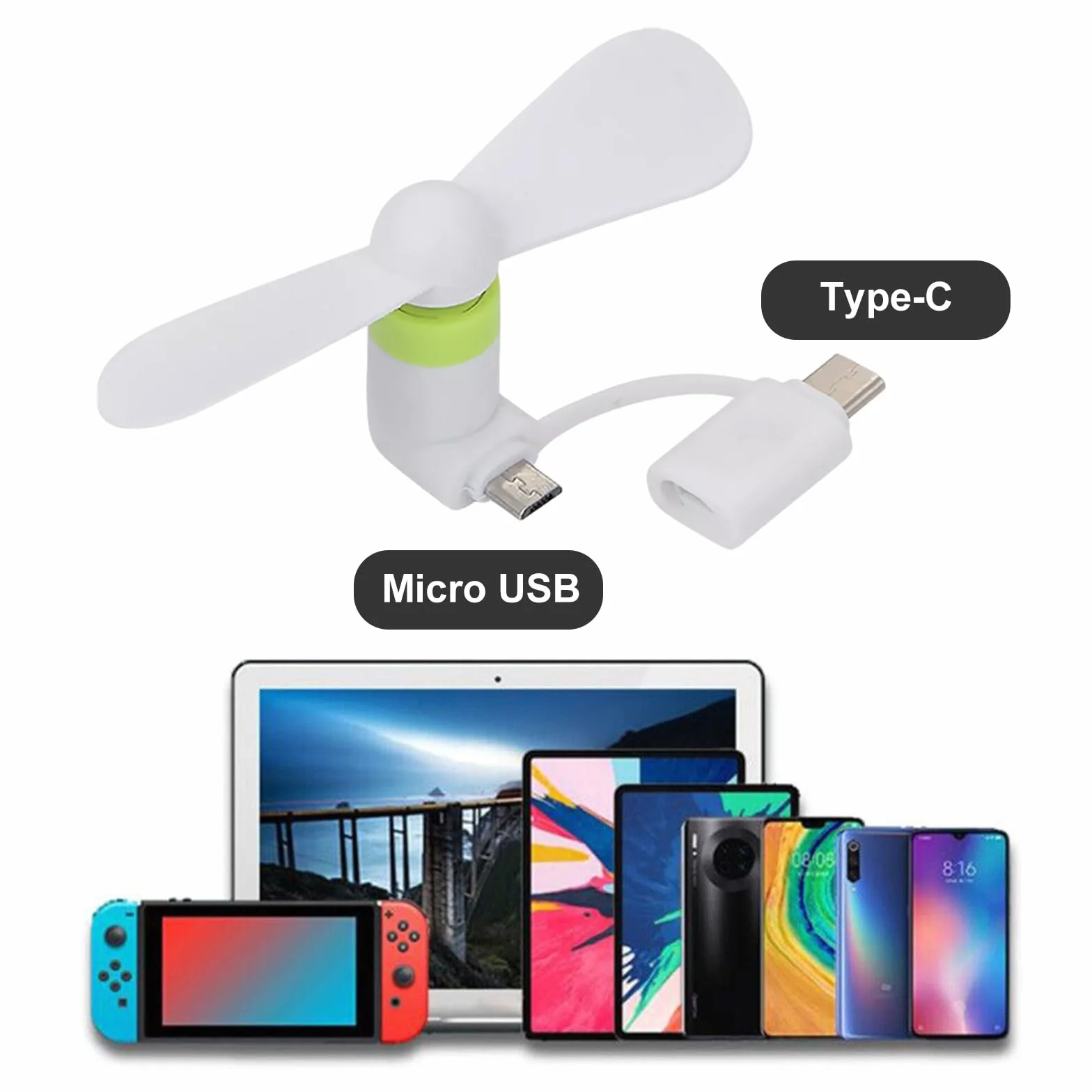 SEMINISMAR Mini wentylator do telefonu USB cichy 2 w 1 czarno-biały