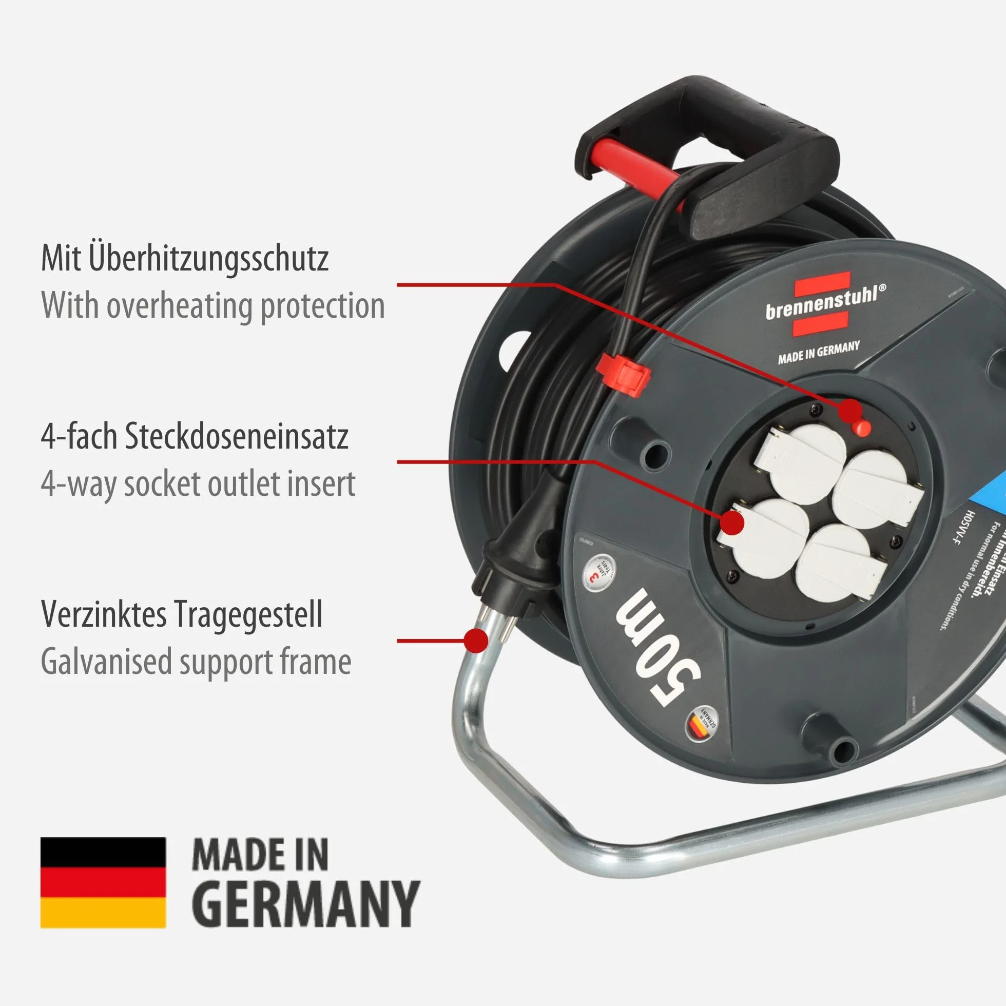Brennenstuhl Garant V2 bęben kablowy 50 m, kabel (Made in Germany, 4 gniazda wtykowe ze stykiem ochronnym, zabezpieczenie przed przegrzaniem, korpus bębna ze specjalnego tworzywa sztucznego)