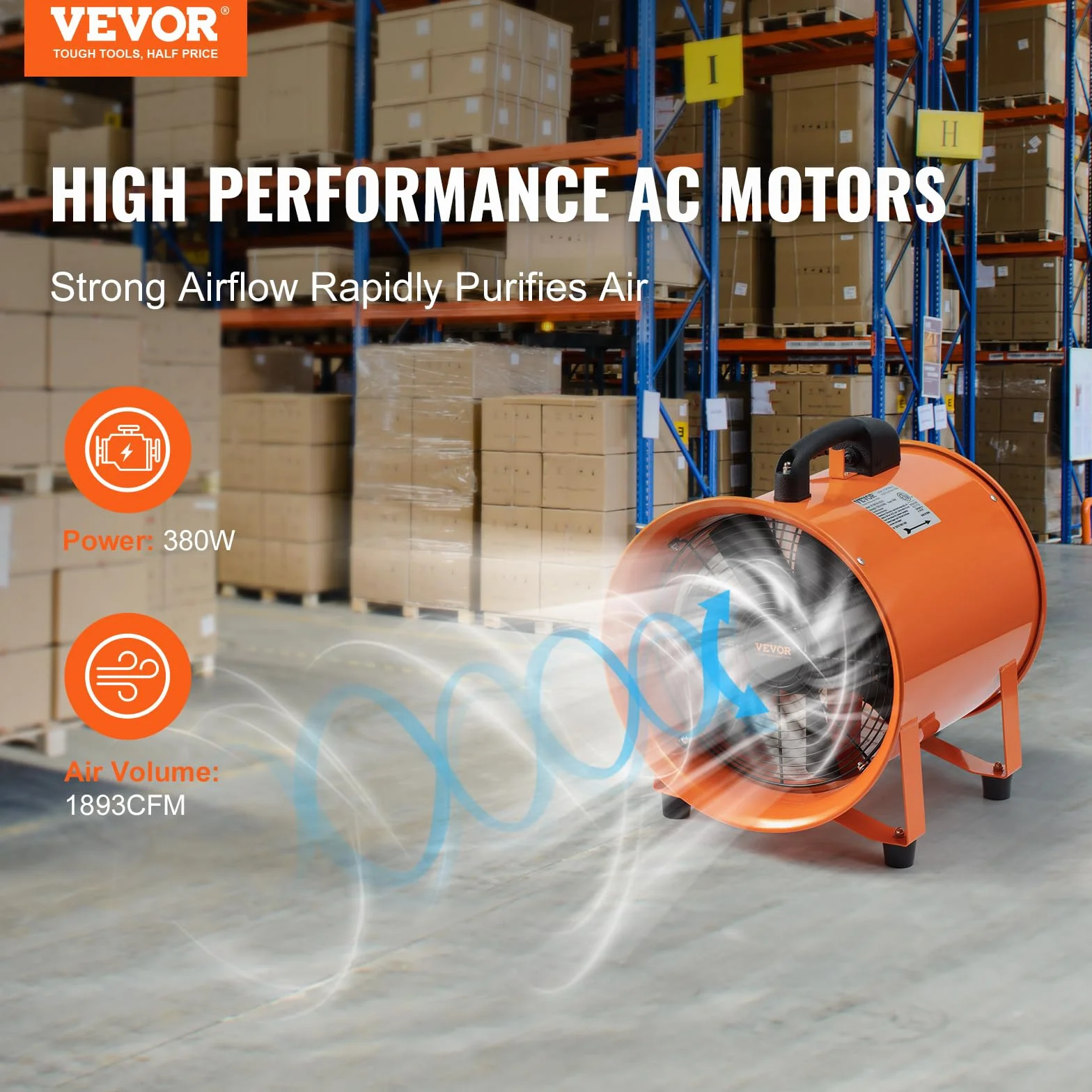 VEVOR Wentylator budowlany 255 W AC 1720 CFM dmuchawa osiowa z wężem 5 m
