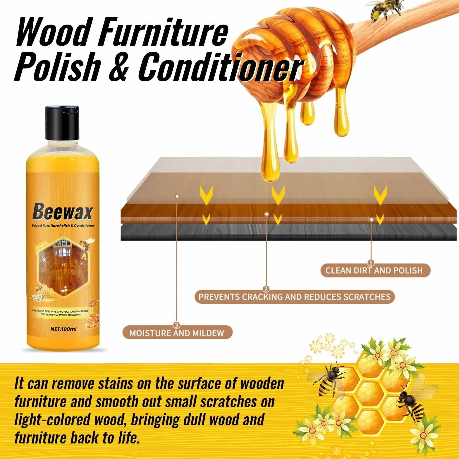 Bee’s Wax Furniture Agent, 100ml Natural Beeswax Wood, Shine and Protect Tables, Baseboards, Cabinets, Long-Lasting Fingerprint Remover