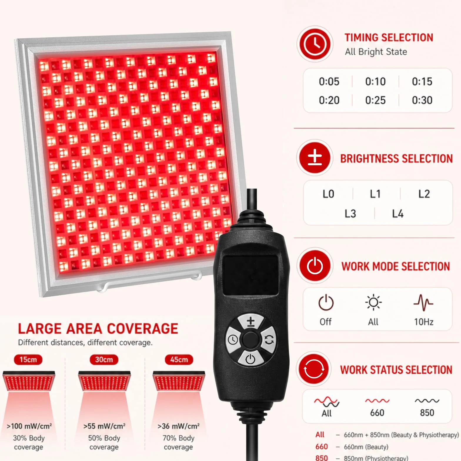 289 LED lampa z czerwonym światłem, 150 W, lampa na podczerwień, 660 nm, 850 nm, panel z 5 poziomami jasności i funkcją timera, zapobiega starzeniu się, bólom mięśni, łącznie z uchwytem, sterowaniem
