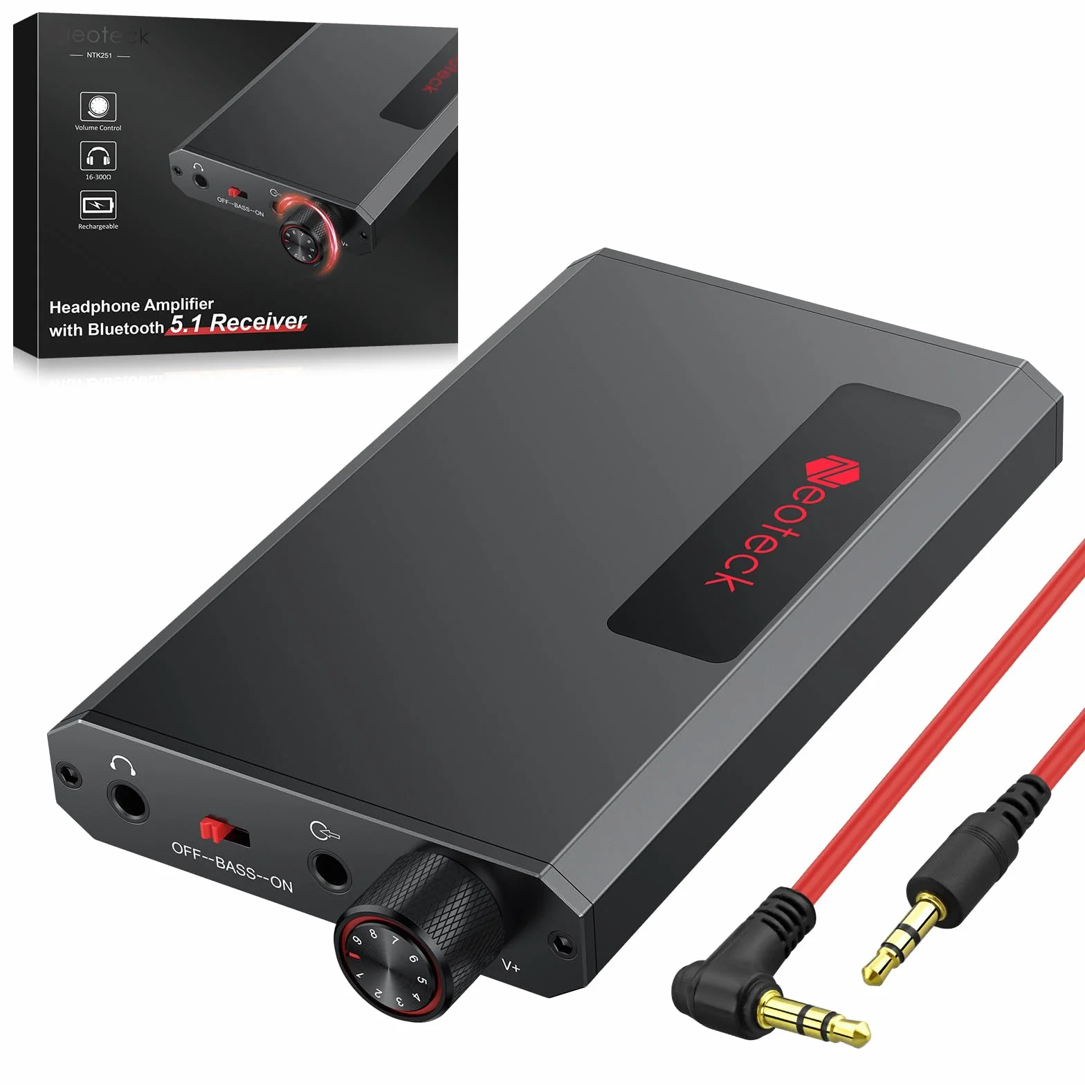 Neoteck Przenośny wzmacniacz słuchawkowy z odbiornikiem Bluetooth 5.1, kompatybilność ze słuchawkami 16-300 Ω, wzmacniacz słuchawkowy Bass Boost do telefonów MP3 MP4 i komputerów