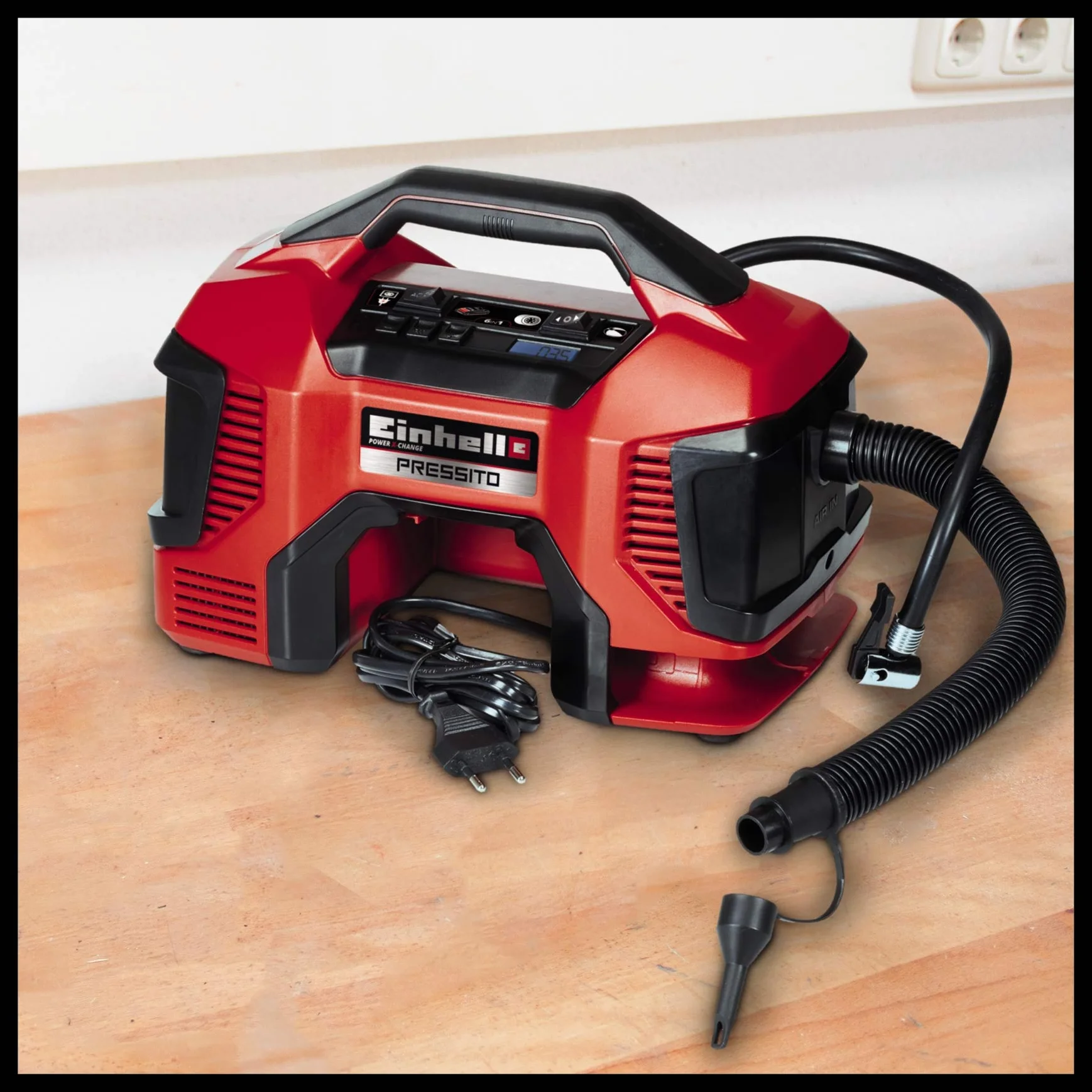Einhell Kompresor akumulatorowy PRESSITO Power X-Change (Li-ion, 18/230 V, maks. 11 bar, długość węża 71 cm, funkcja hybrydowa, w tym 3-częściowy zestaw adapterów, bez akumulatora i ładowarki)