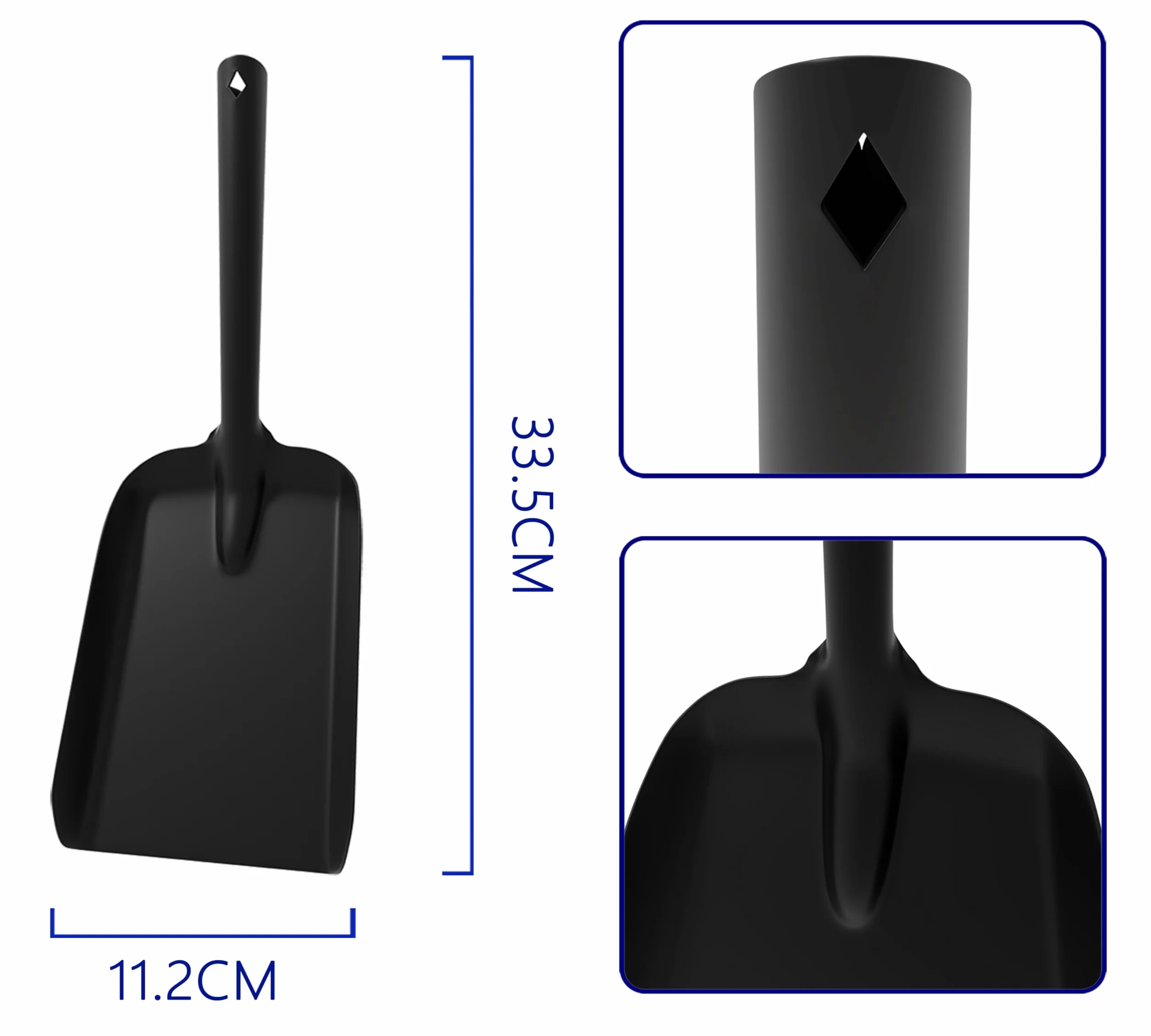 Łopata kominkowa, łopatka do popiołu do kominka, wytrzymała stalowa łopata węglowa z podniesionymi bokami, długość 33,5 cm, szerokość 11 cm, czarne wykończenie malowane proszkowo