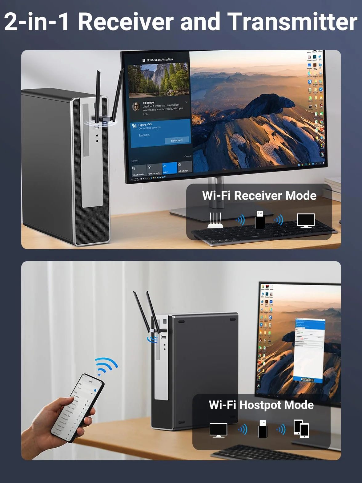 UGREEN AC1300 WLAN Stick dwuzakresowy 5GHz/2.4GHz adapter WiFi PC 5dBi WPS
