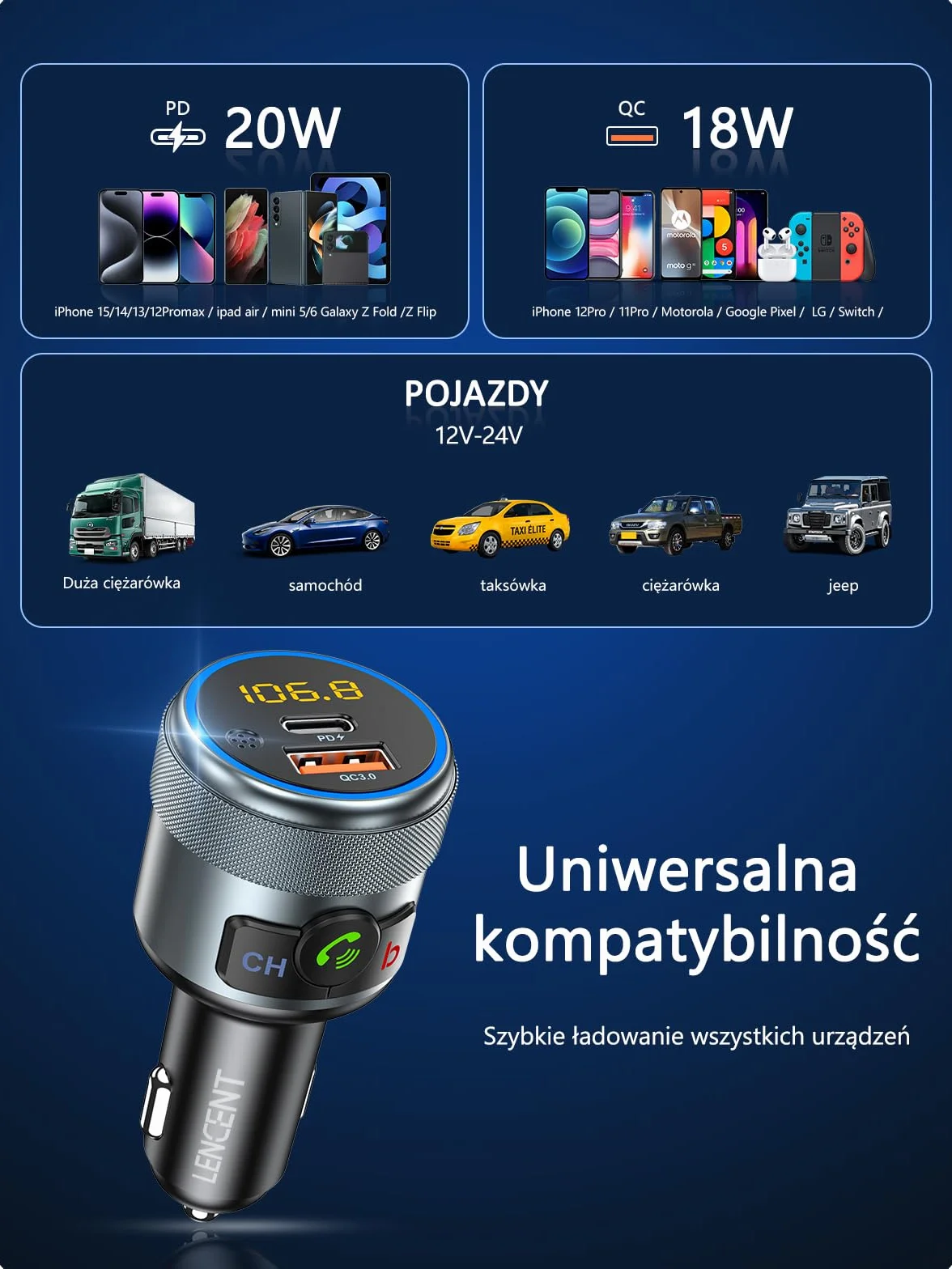 LENCENT 5.1 Nadajnik FM Bluetooth Samochodowy Bezprzewodowy Adapter Radiowy z PD3.0 USB-A i QC3.0 USB-C Ładowarka