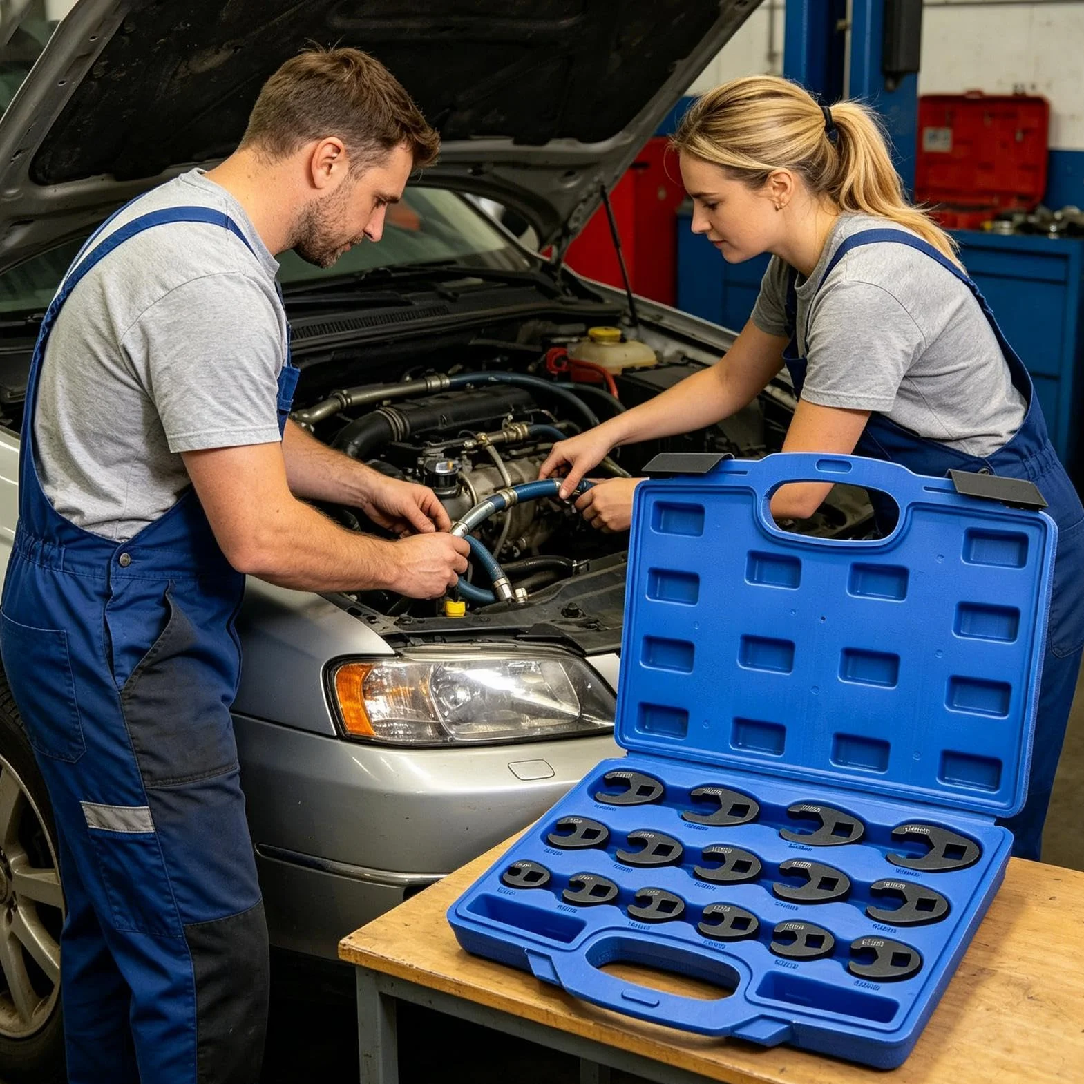 Klucze Kurza Stopka 15-częściowy zestaw narzędzi naprawczych z walizką | Metalowy Klucz Metryczny do nakrętek kielichowych 8-24 mm mechanika samochodowa warsztaty