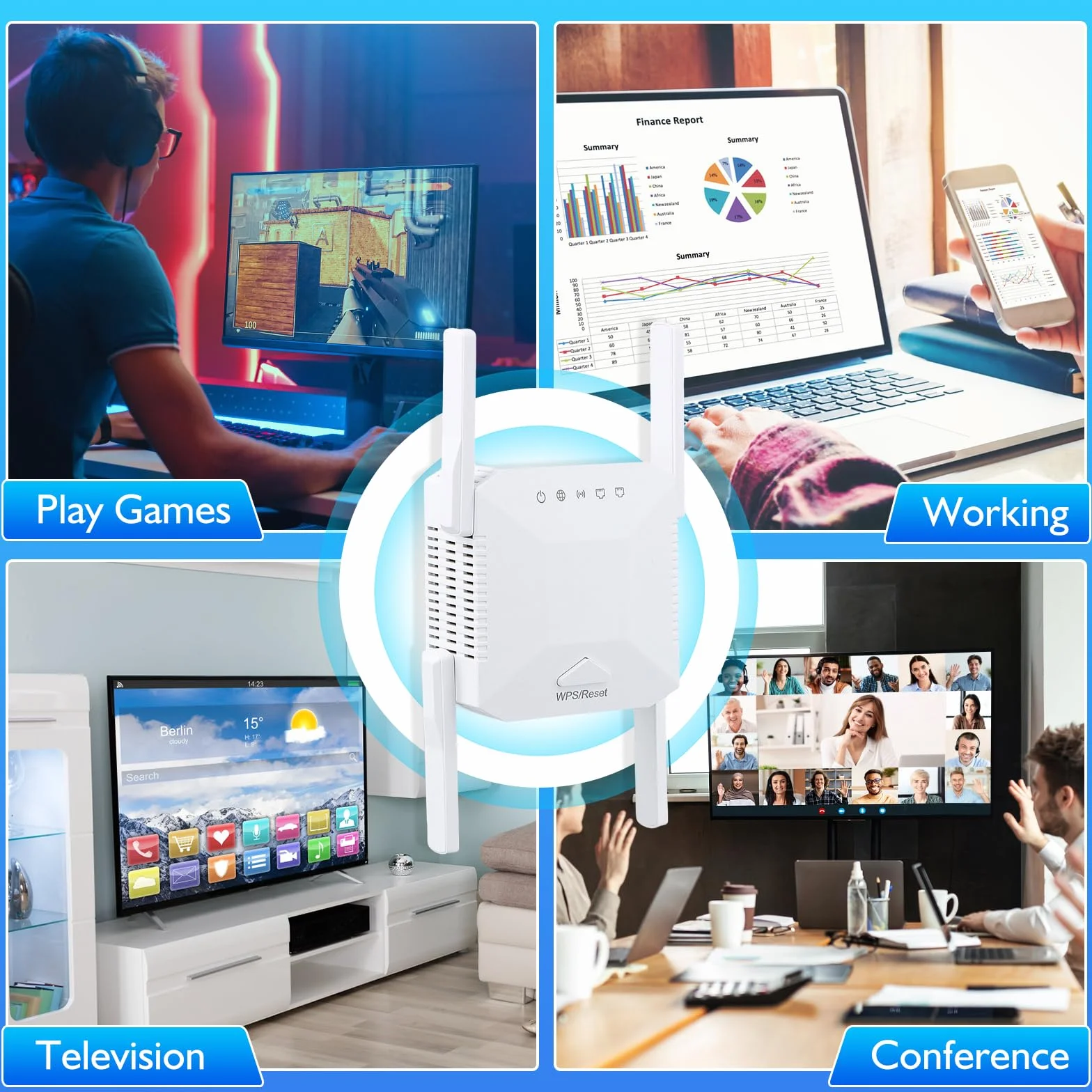 Wzmacniacz WiFi 1200 Mb/s dwuzakresowy 2,4 GHz 5 GHz repeater AP router 4 anteny zewnętrzne port Ethernet