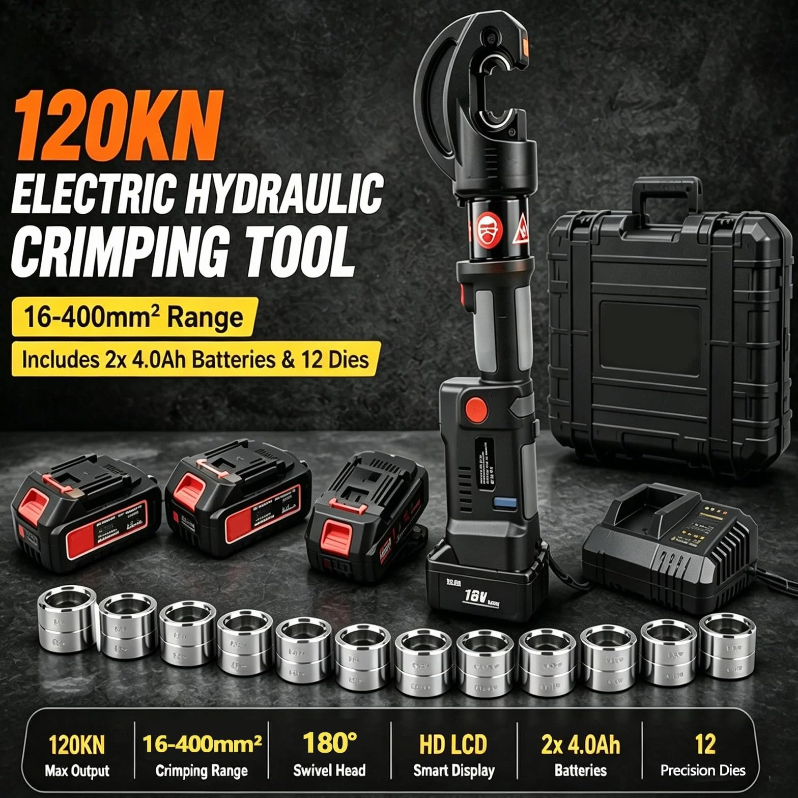 Praska Hydrauliczna do Rur na Akumulator 12T, Elektryczna Zaciskarka 18V Kabli 16-400mm², Zaciskarka PEX z Cyfrowym Wyświetlaczem LED i Podwójnym Zasilaniem Akumulatora