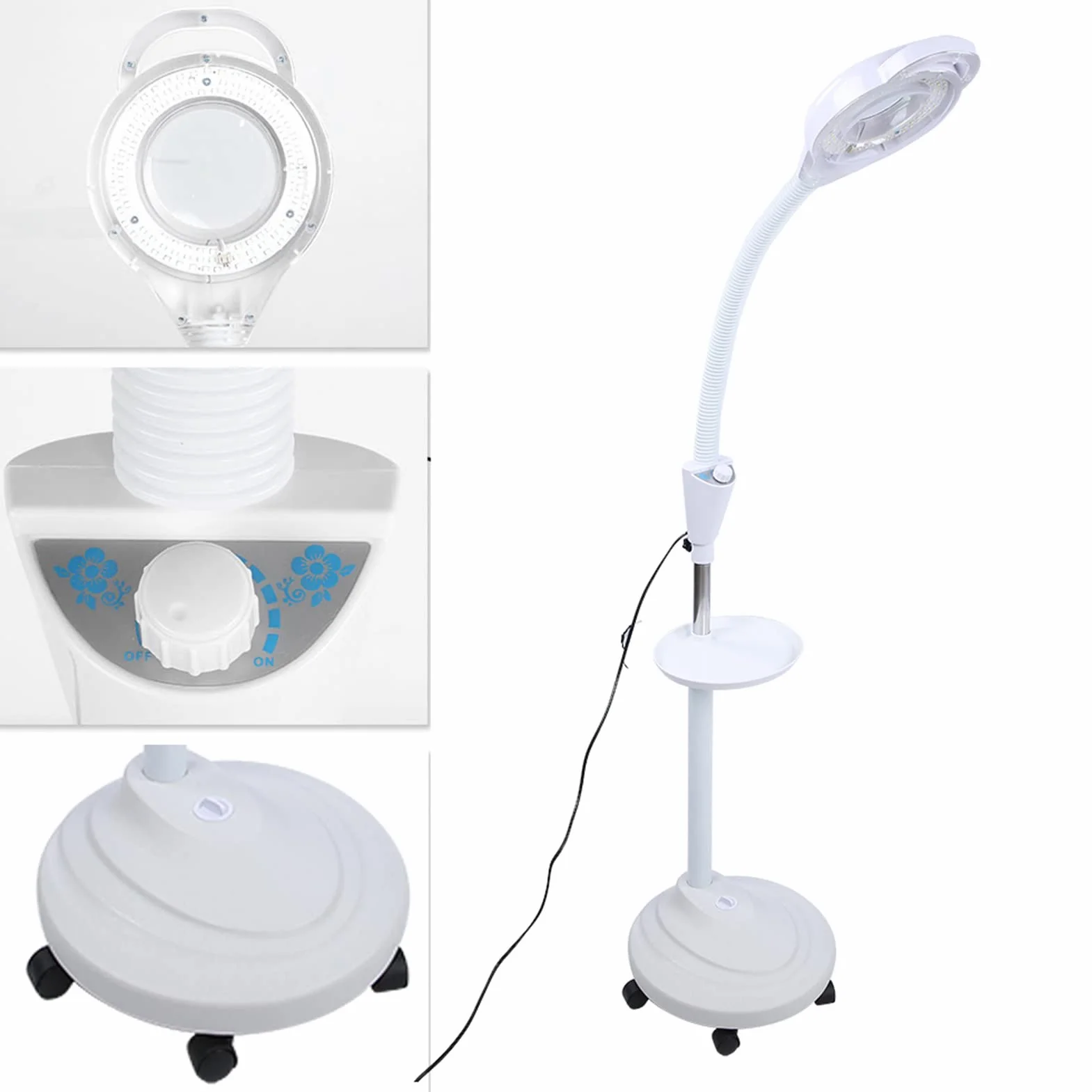 Lampa do tatuażu LED, 8-krotnie powiększająca lampa podłogowa z regulowaną wysokością, 120 kulek lampy, obrót o 360 °, 5 kół wielokierunkowych, salonowe zimne światło do