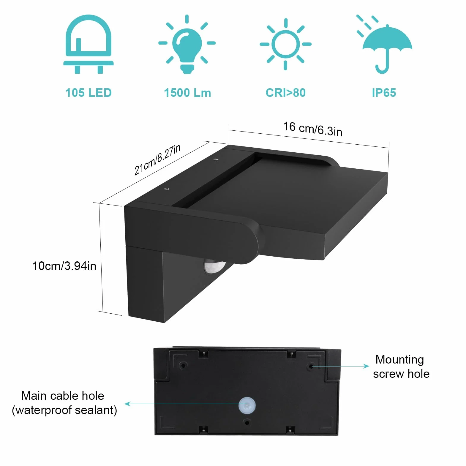 Klighten Lampa ścienna LED, 24 W, czujnik ruchu, IP65, lampa ścienna do wnętrz, na zewnątrz, panel obrotowy, lampa zewnętrzna do ogrodu, na taras, czarna, 1500 lumenów, ciepła biel 3000 K