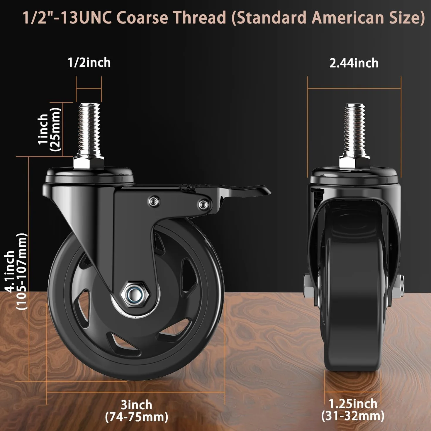 Zestaw kółek 4,3 cala z gwintowanym trzpieniem, 1/2"-13 x 1 (średnica trzpienia 1/2", długość trzpienia 1"), wytrzymałe kółka w kolorze czarnym, blokowane, obrotowe kółka z hamulcem