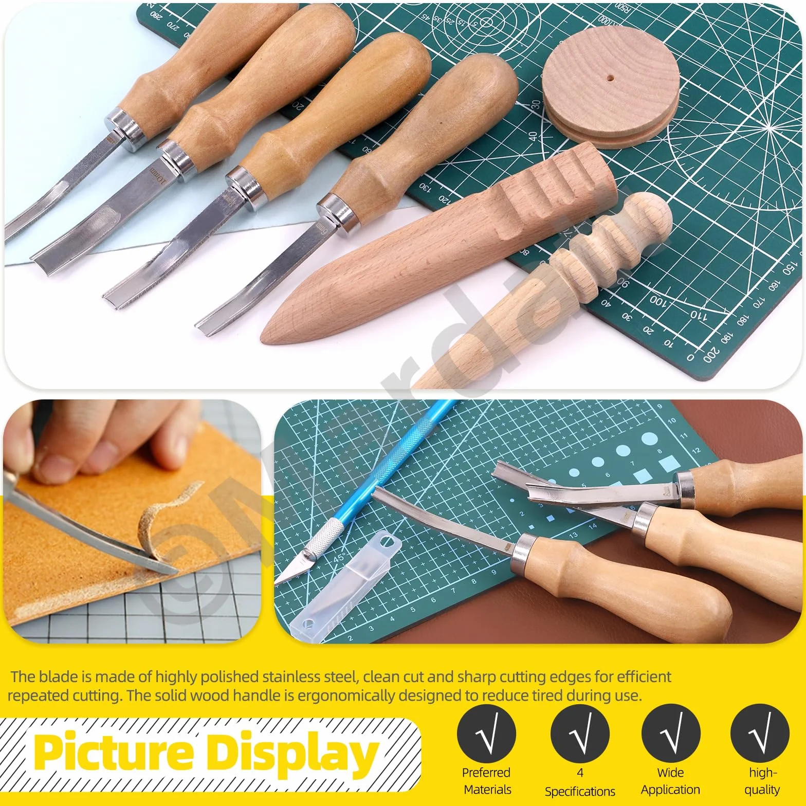 7 szt. 4 rozmiary Leather Edge Skiving Tool Leather Craft Leather Edge Trimmer with Wooden Handle for Leather Craft Working