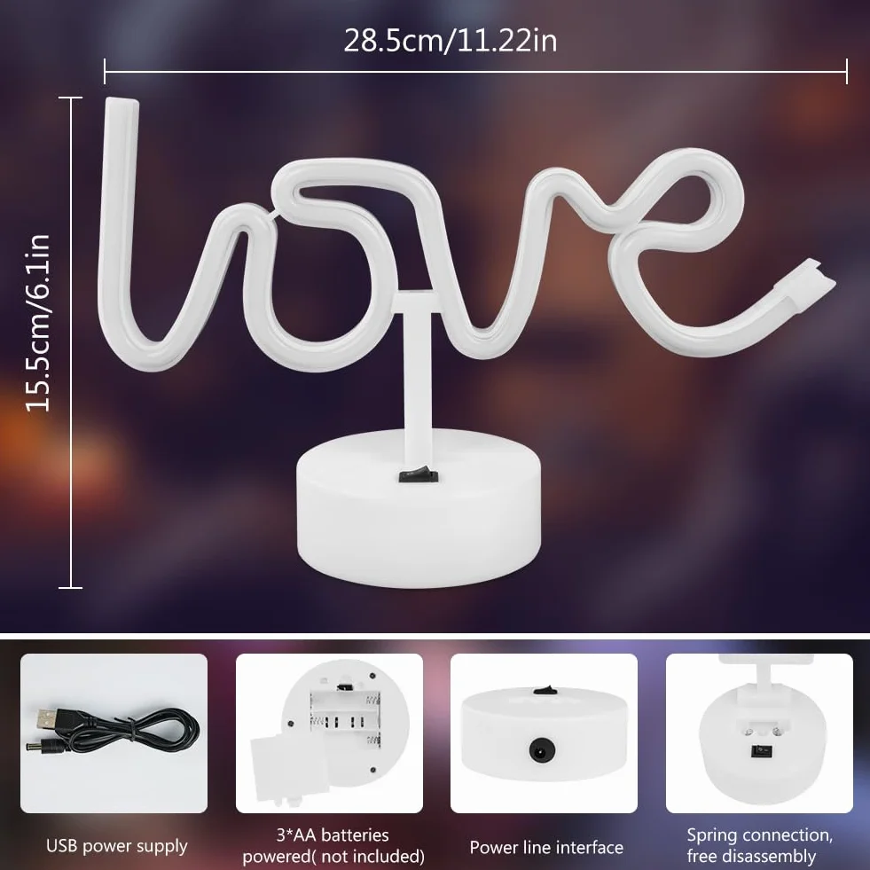 HOTUT Neon z podstawą, LOVE neonowe znaki, Podświetlana dekoracja neonowa LED, zasilane bateriami USB lub 3-AA, neonowe światło, dekoracja stołu LED, na Bedroom Birthday Wedding Party