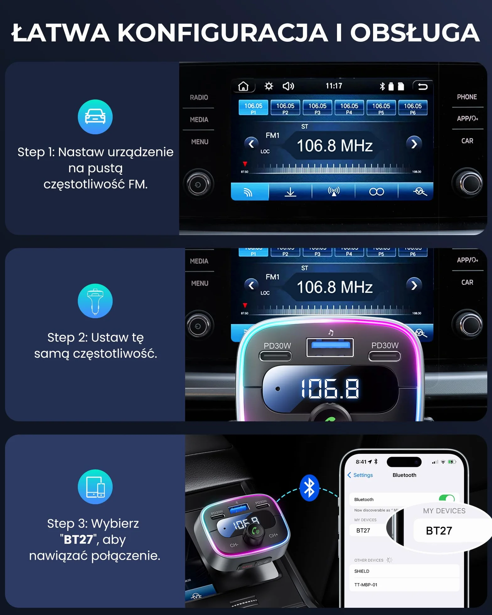 LENCENT Nadajnik FM Bluetooth 5.4 60 W Szybkie Ładowanie 2 USB-C PD 30 W Hi-Fi Głęboki Bas LED