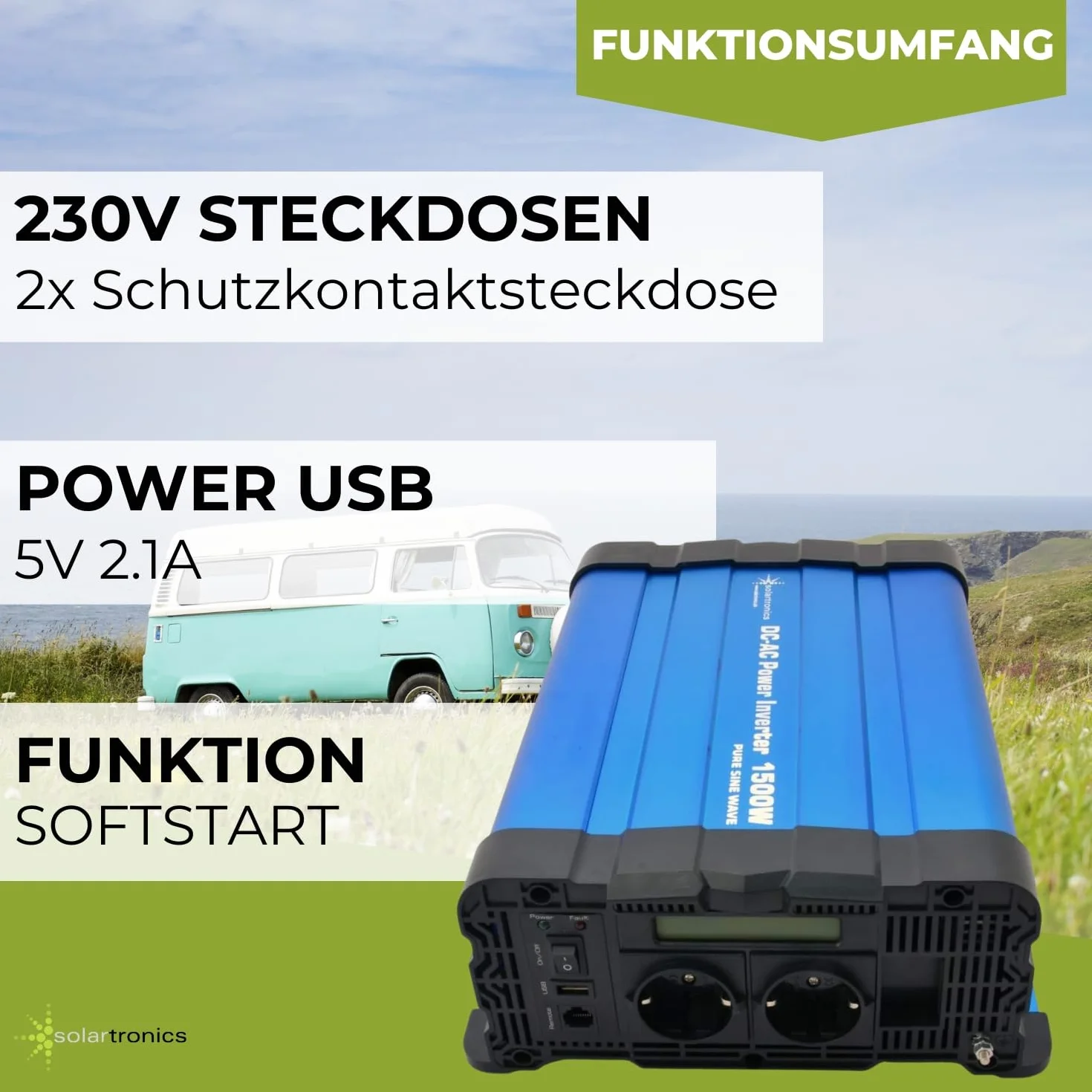 Solartronics FS1500D przetwornica napięcia 24V 1500/3000 Watów Reiner Sinus Niebieski z Ekranem FS Seria Inwerter
