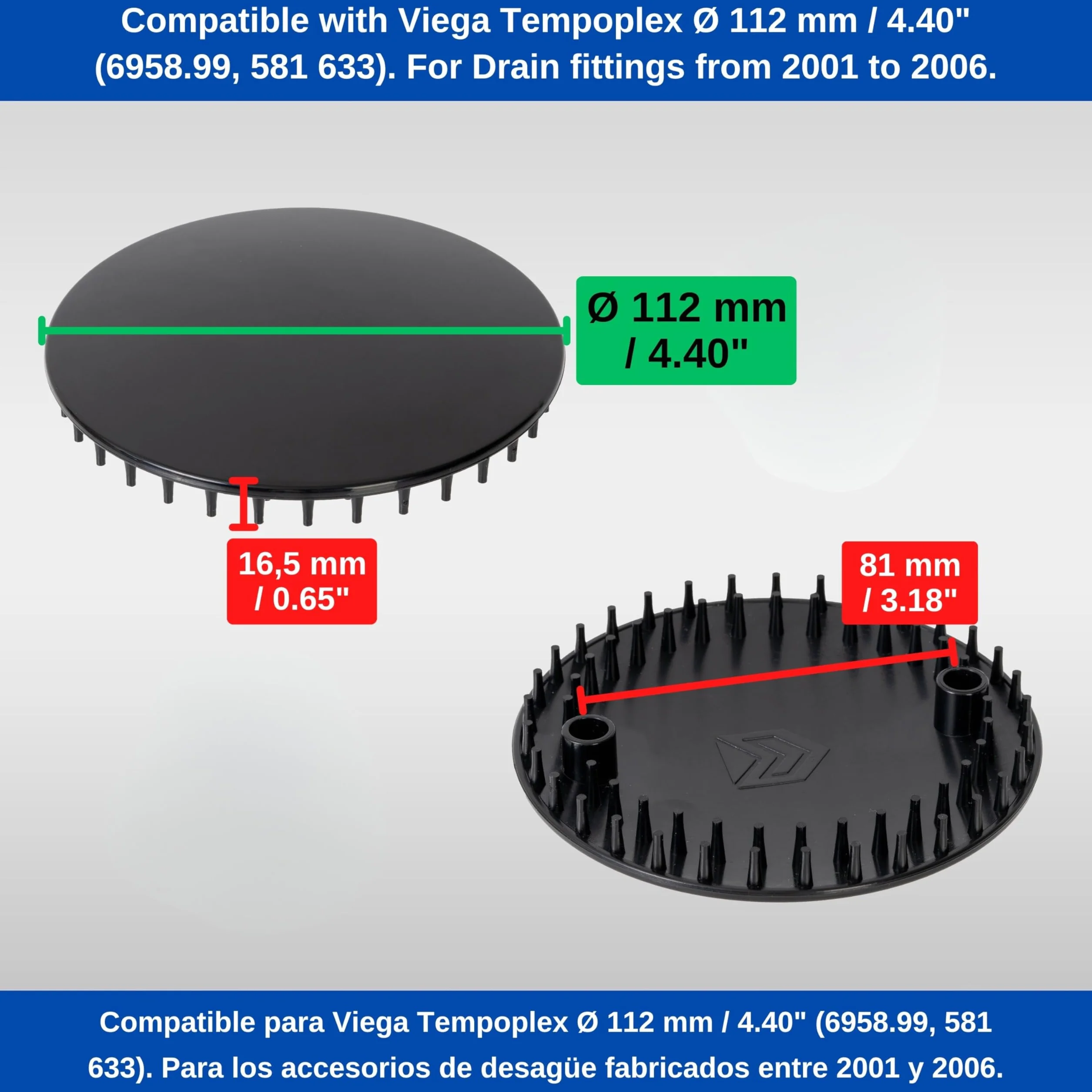 Osłona odpływu prysznicowego, Ø 112 mm, kompatybilna z zestawem odpływowym Viega Tempoplex rok produkcji 2001-2006, pasuje do modelu 6958.99, czarny ABS ASA, otwór odpływowy do brodzika, zestaw pokryw