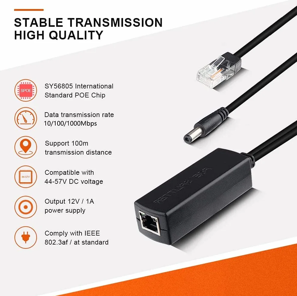 Gigabit Active PoE Rozdzielacz 48V do 12V DC 5,5x2,1 mm IEEE 802.3af/at 10/100/1000 Mbps
