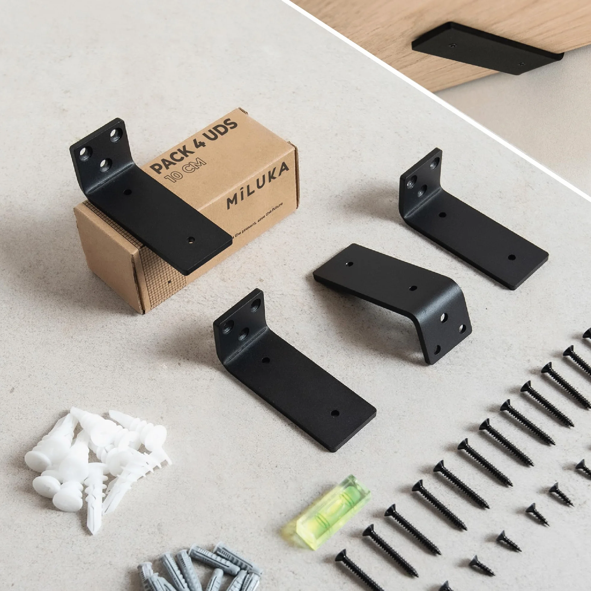 MILUKA Pack 4 Brackets for Shelving 10 cm | Invisible Metal L-shaped Brackets for Wall Shelves | Heavy Duty Steel, 60 kg | Black Industrial Design, Concealed Anchorage