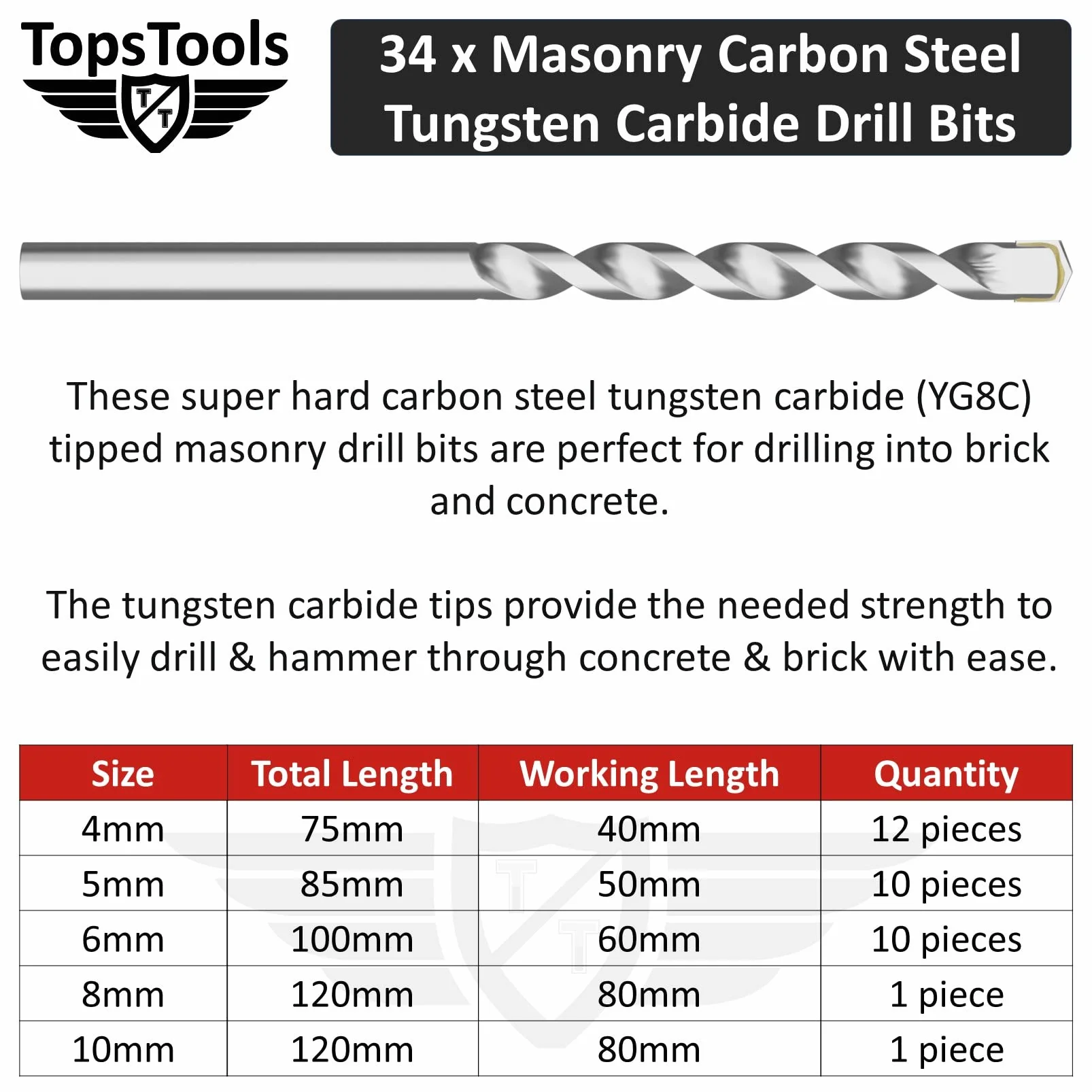 TopsTools 151pcs TT151TW 1mm 10mm Drewno Beton Cegła Wiertła Trwały | Mixed HSS, carbide masonry i brad-point drewno bits zapewniają trwały wiercenie across metal, masonry, drewno i plastiku