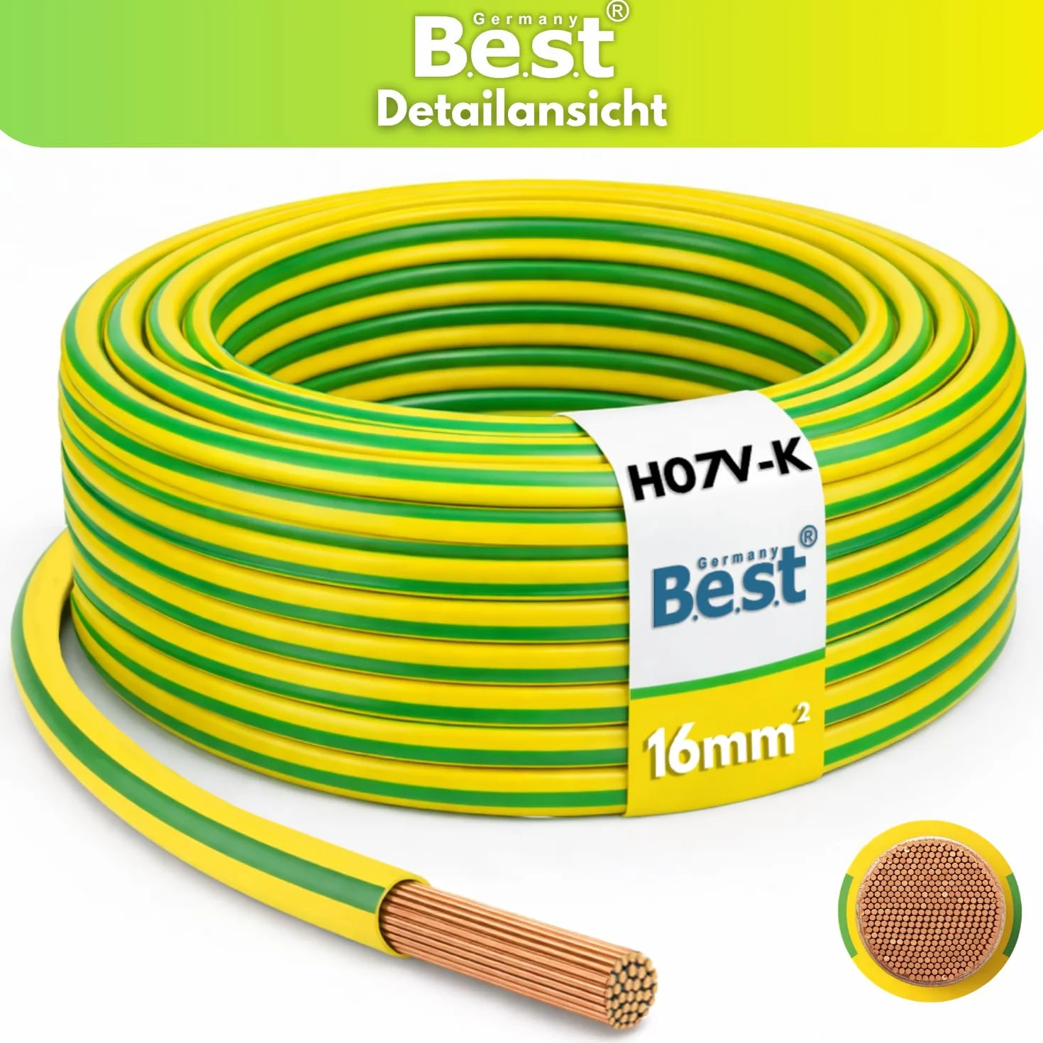 Przewód uziemiający 10 m, 16 mm², zielono-żółty, elastyczny – przewód żyłowy PCW H07V-K do instalacji PV, okablowania, przewodów instalacyjnych, przewodów miedzianych, cienkożyłowych, przewodu