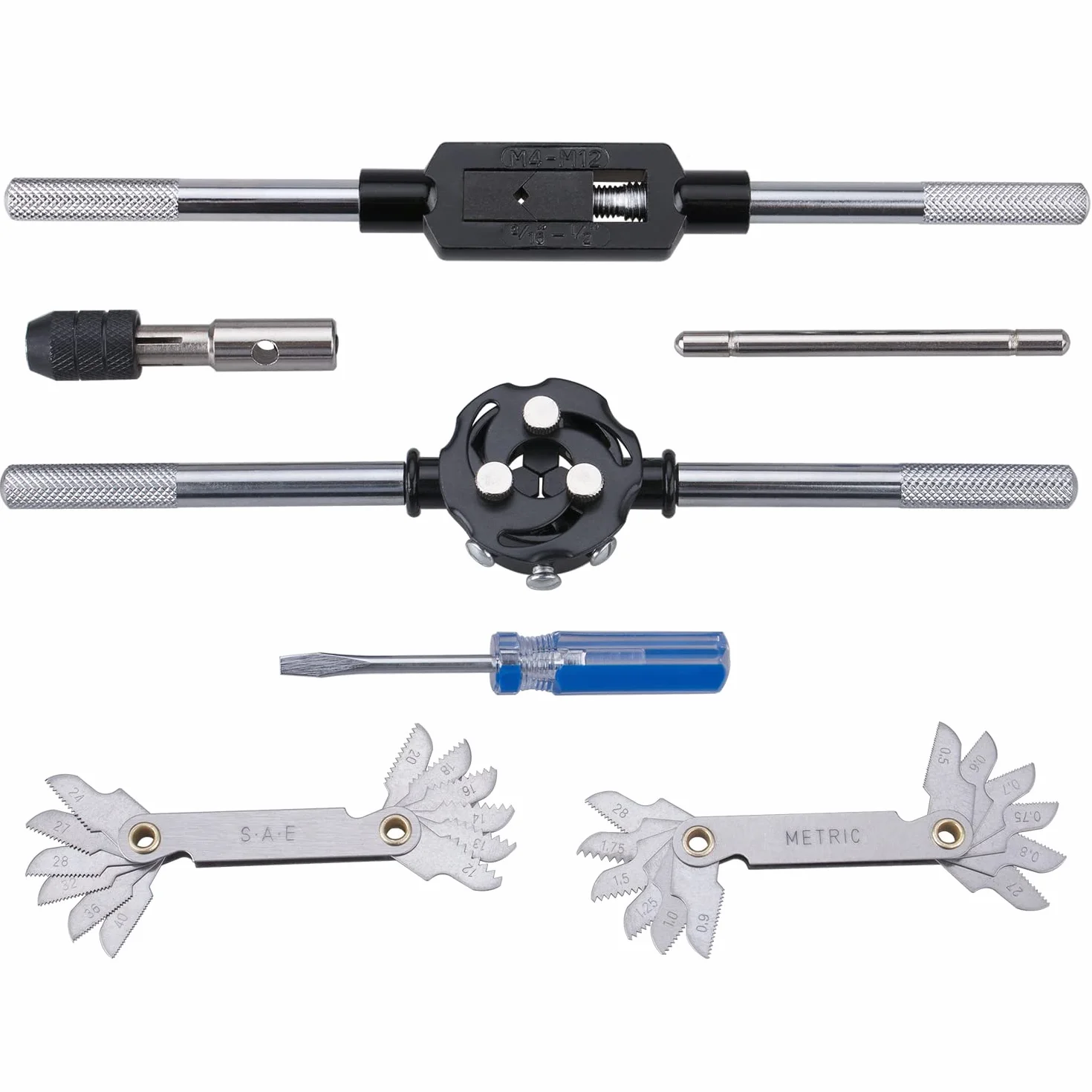 60-Pc Master Tap and Die Set - Include SAE Inch Size #4 to 1/2” and Metric Size M3 to M12, Coarse and Fine Threads | Essential Threading Rethreading Tool Kit with Complete Accessories and Storage Case