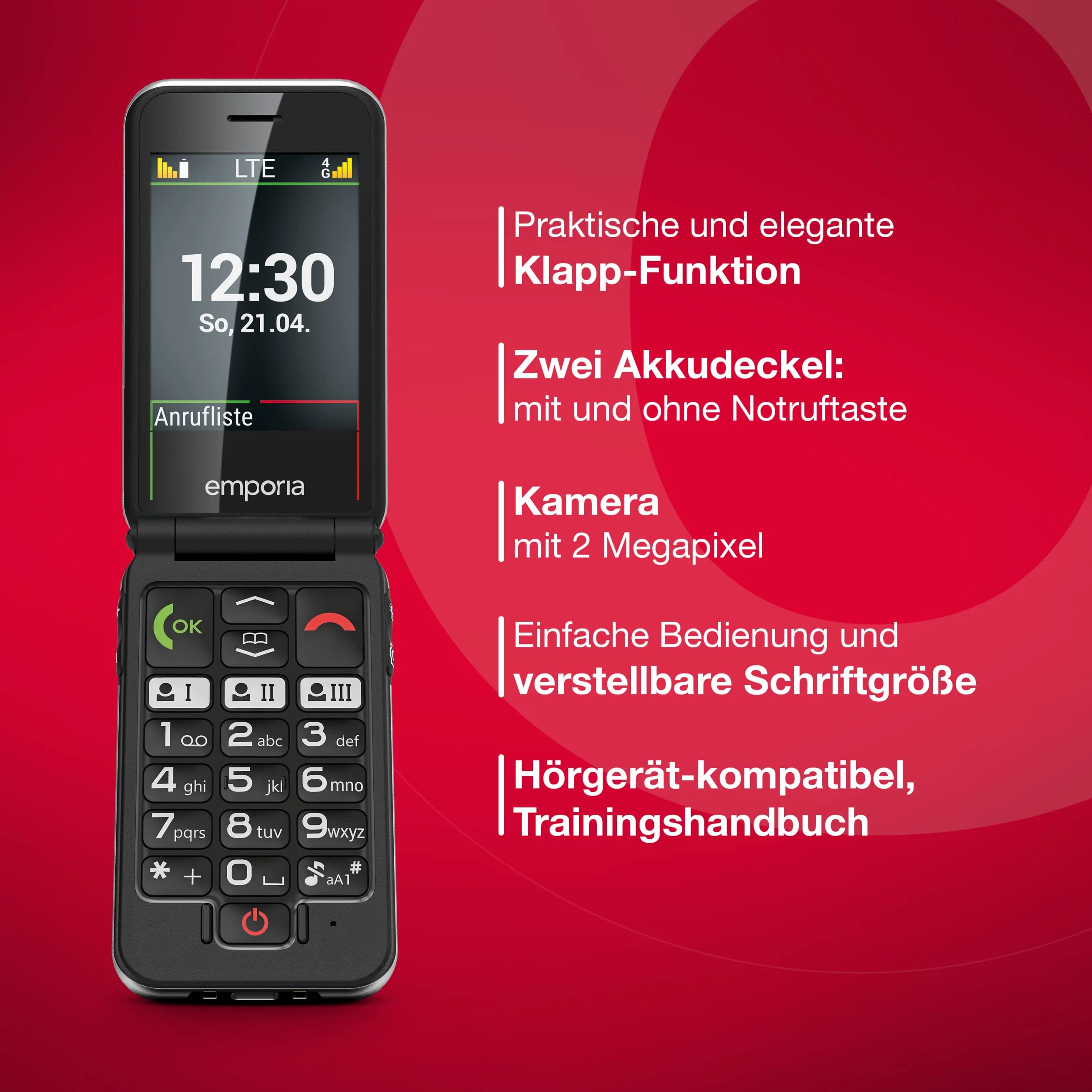 Emporia JOY-LTE telefon komórkowy 4G dla seniorów, duże przyciski, kolorowy wyświetlacz 2,8", czarny