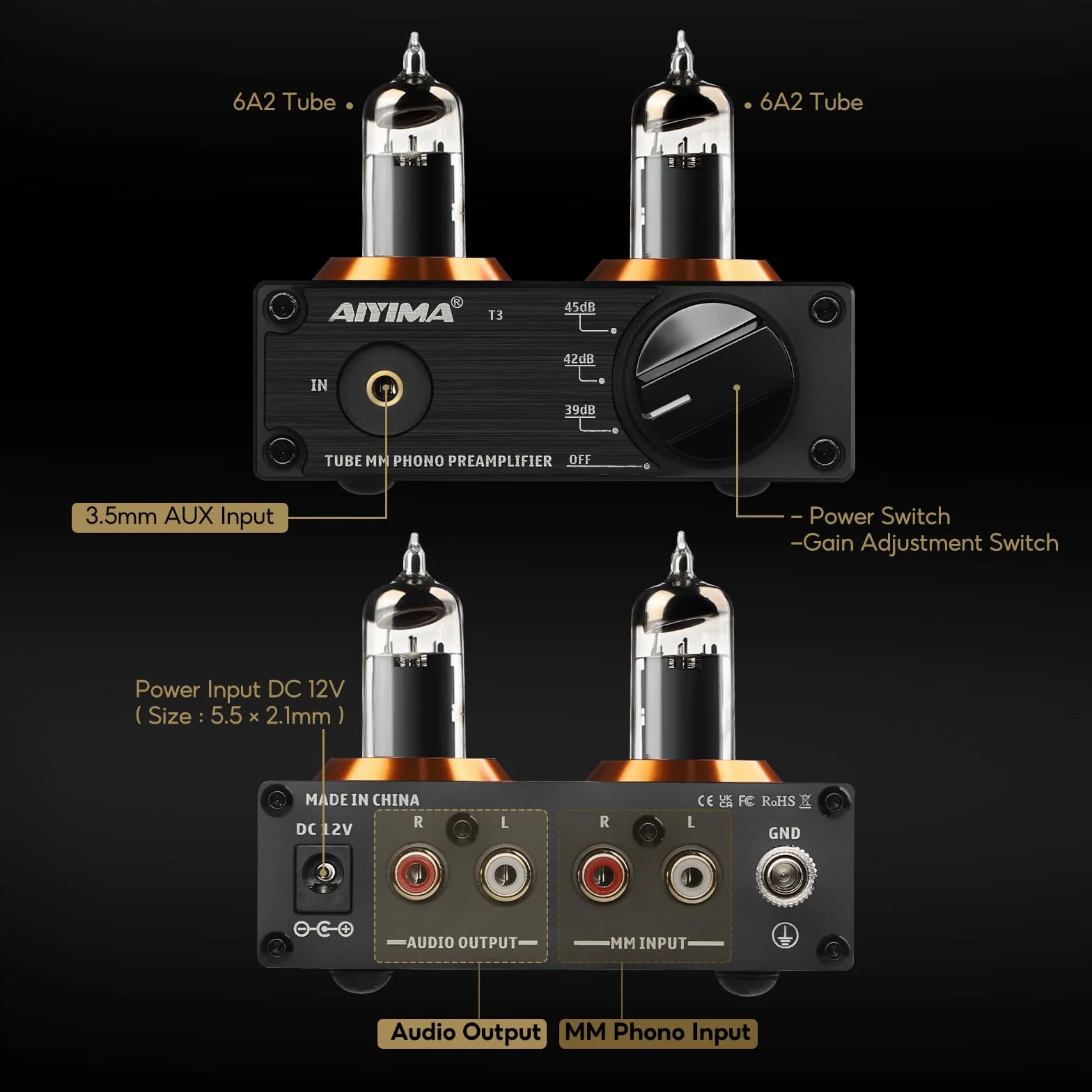 AIYIMA T3 Rurki HiFi MM Phono przedwzmacniacz do gramofonu stereo
