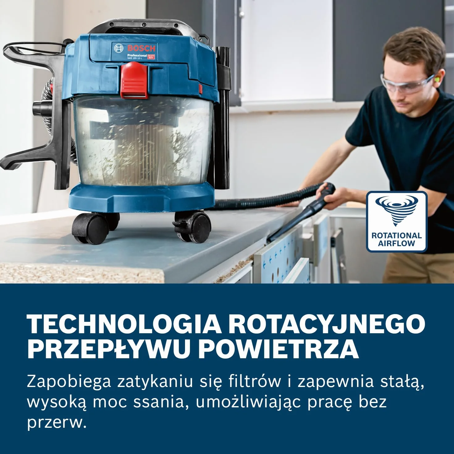 System profesjonalny 18 V firmy Bosch: odkurzacz przemysłowy GAS 18V-10 L wąż 1,6 m, 3 rury, bez akumulatora i ładowarki