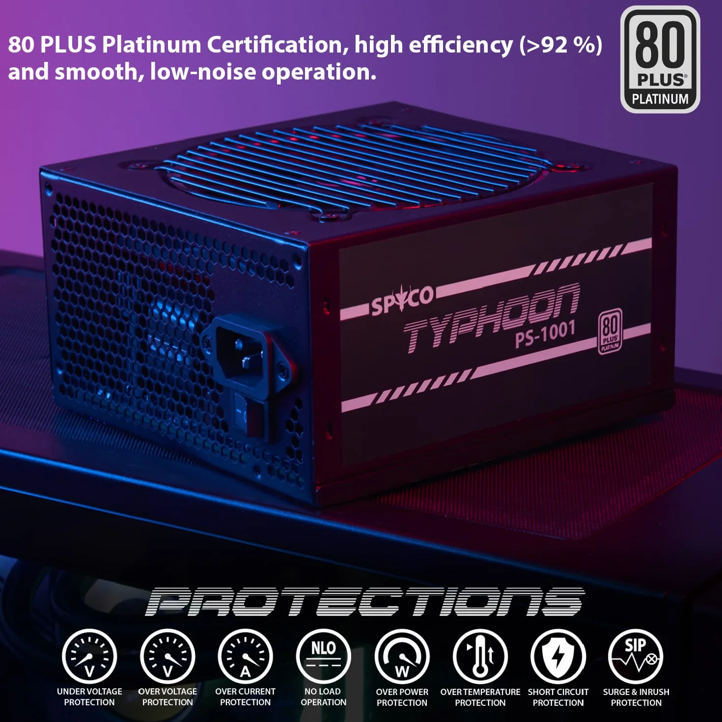 SPYCO Typhoon PS-1001, Gaming PSU 1000W, 80 PLUS Platinum, Full Modular, niskoszumowy, zasilacz ATX, wentylator Super Silent, kondensatory 105°C, kable Flat, Port PCIe 5.0