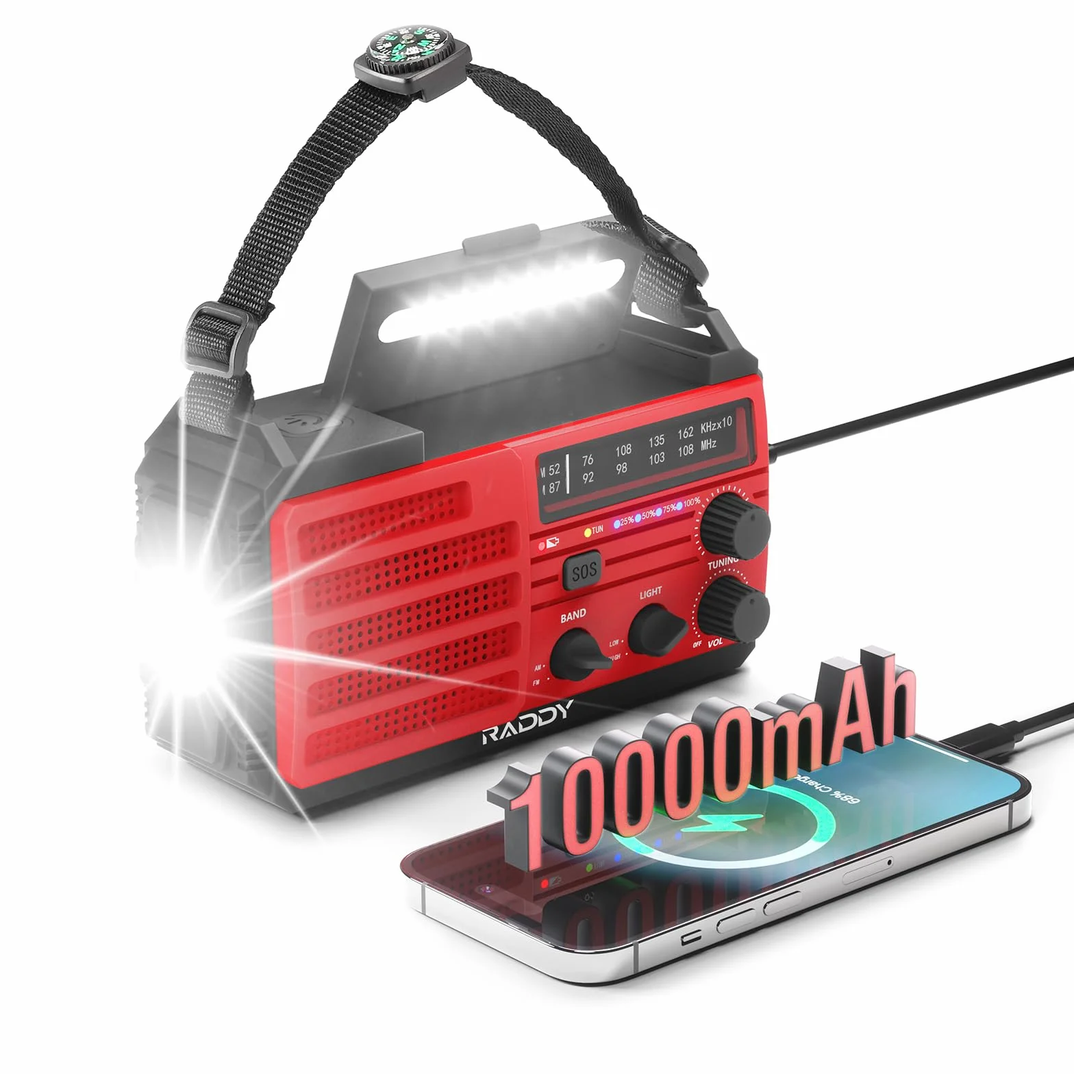 [10000 mAh] Raddy SW10 Radio awaryjne, korbka słoneczna, radio AM FM z akumulatorem ładowanym przez panel słoneczny, latarka, alarm SOS i kompas obozowania i w przypadku huraganu na zewnątrz