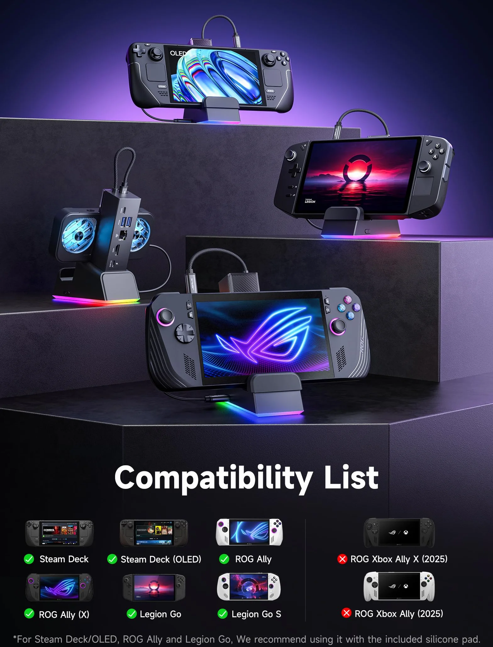 JSAUX Stacja dokująca 7 w 1 do ROG Ally X/ROG Ally/Steam Deck/Legion Go z wentylatorem chłodzącym RGB, HDMI 4K@120Hz, Gigabit Ethernet, Dual USB i USB C 3.0, ładowanie