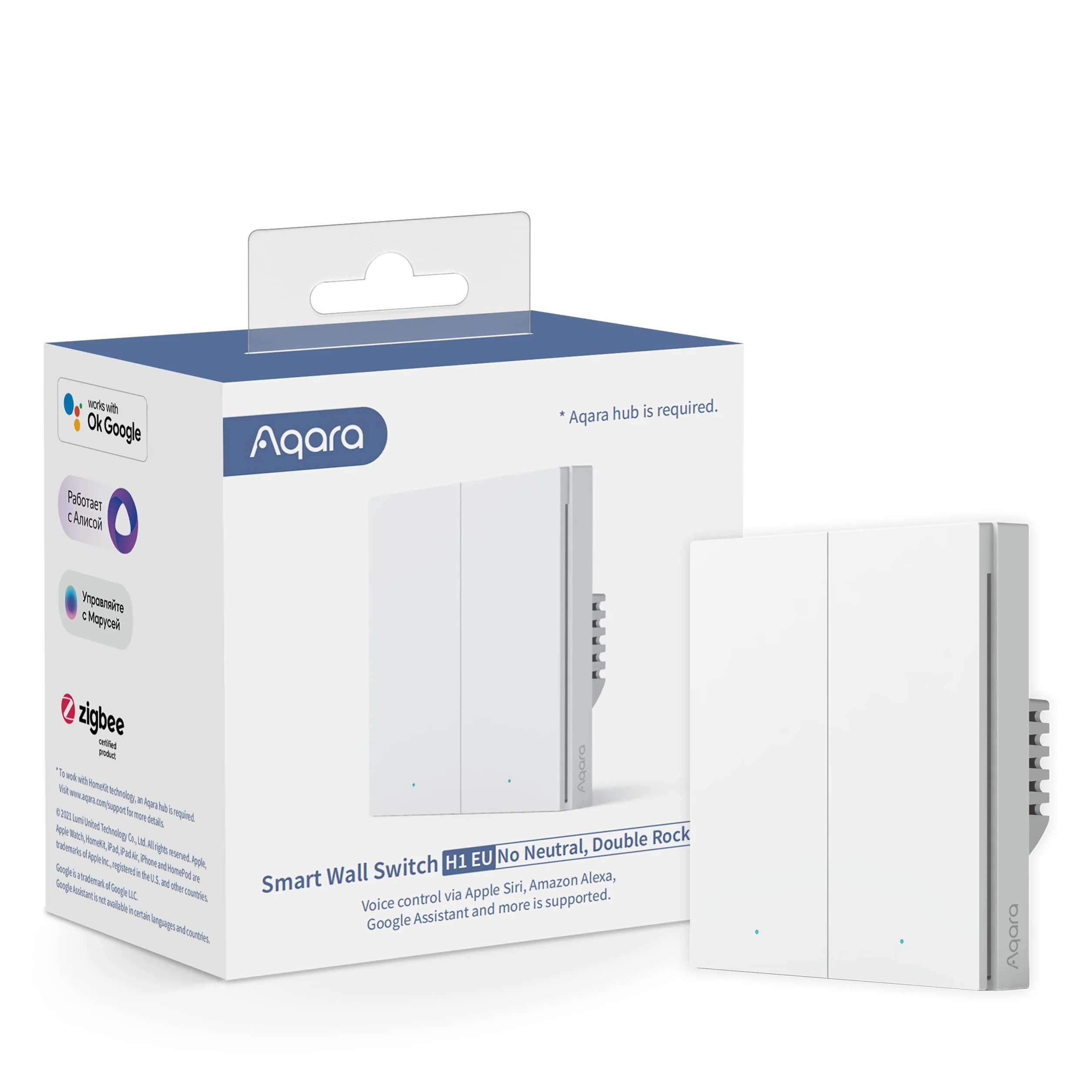 Aqara Inteligentny Przełącznik ścienny H1 (bez przewodu nautralnego, z podwójnym przełącznikiem), Wymaga Zigbee 3.0, HUB OD AQARA, Kompatybilny z HomeKit, Alexa, Asystent Google, IFTTT