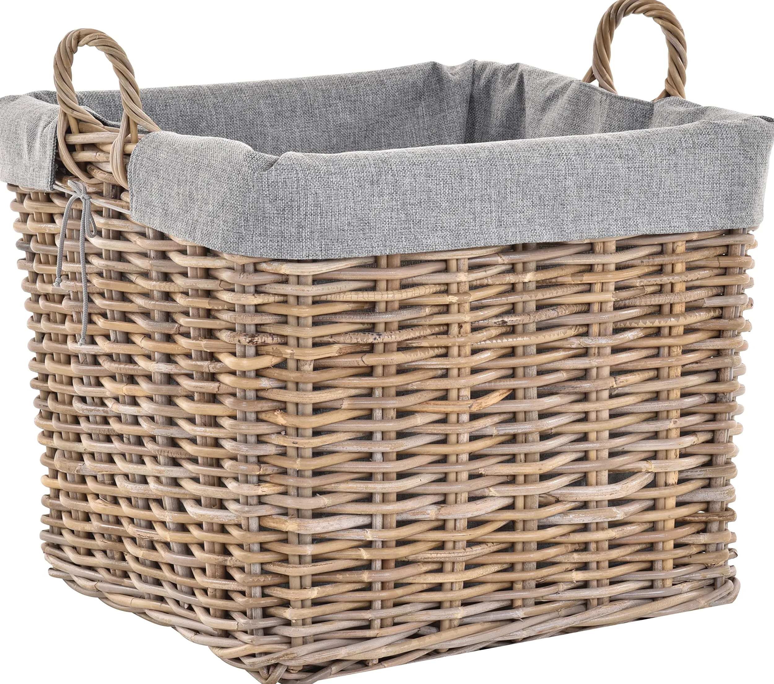 Duży kosz na drewno, naturalny rattan, XL, kosz z wsypy, kosz dekoracyjny, kosz na drewno kominkowe, uniwersalny kosz z jutą (średni, szary, naturalny – kwadratowy)