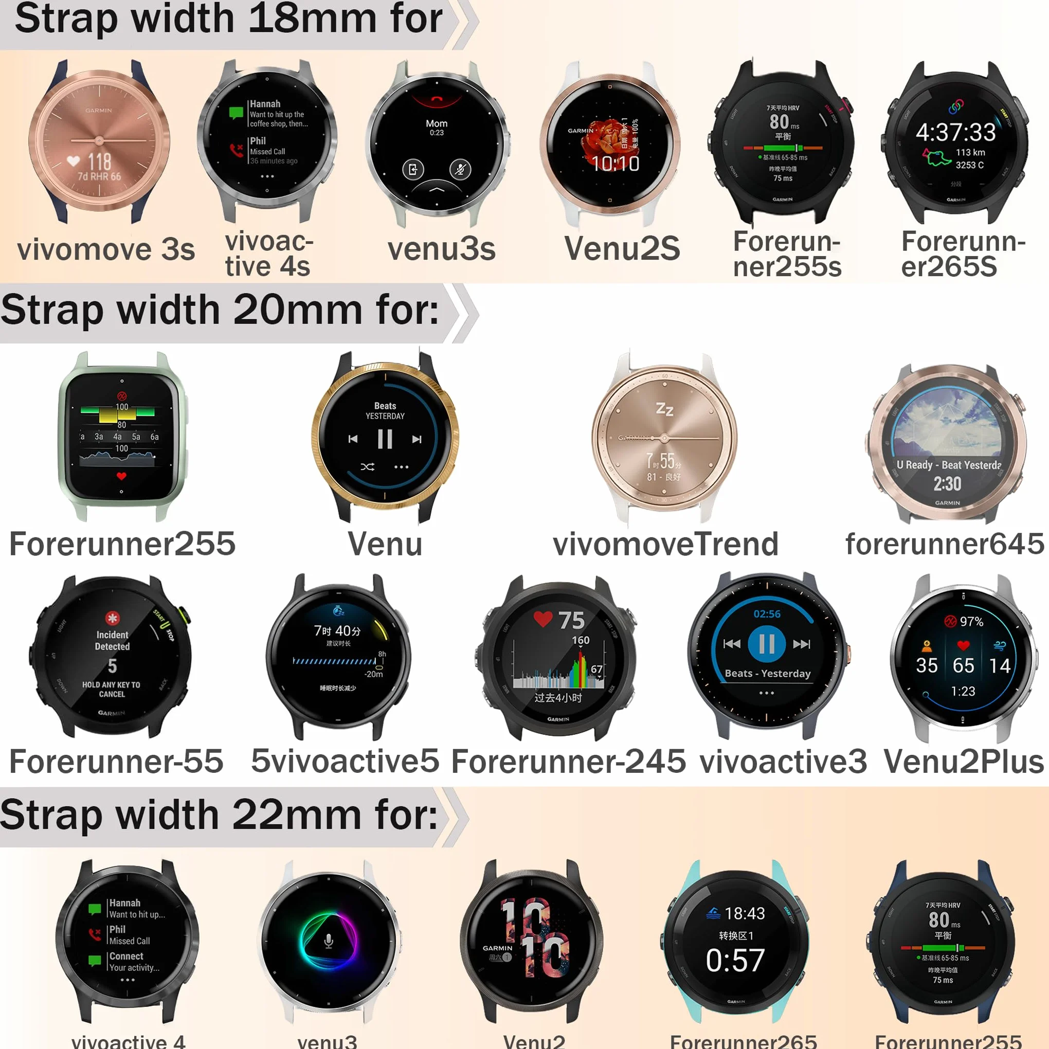 Bransoletka silikonowa 18-22 mm kompatybilna z Garmin Venu 2S, Vivoactive 4S, Venu 3S, Forerunner 265S
